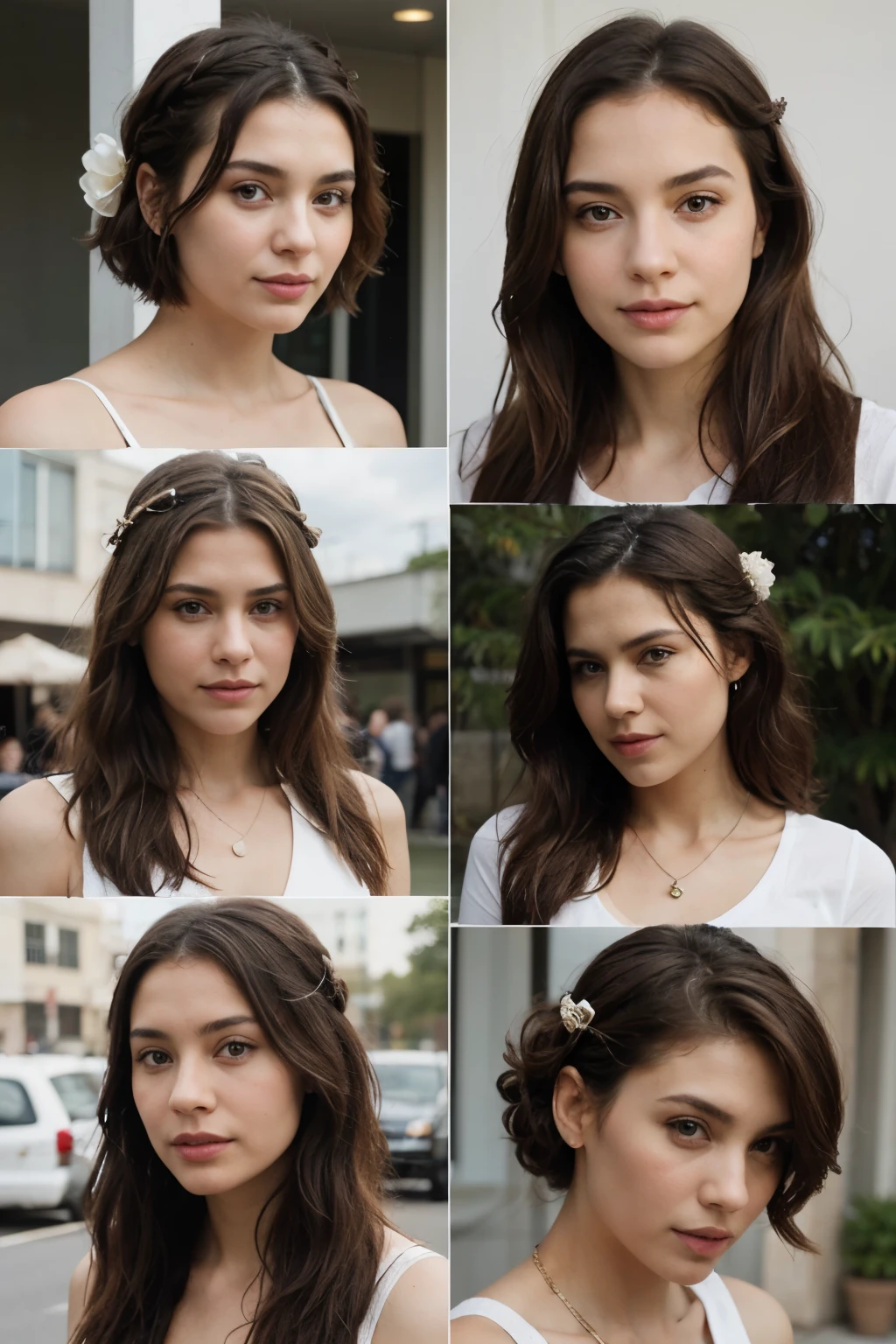 Generate a realistic collage showing four separate images of women with different styles of hair accessories: una con corona, otra con diadema, otra con tocado y otra con peineta. Cada imagen debe ser clara y detallada, mostrando el accesorio de manera prominente y en contexto con un look de novia. The collage should have an orderly and aesthetically pleasing layout., con cada imagen etiquetada claramente con el nombre del accesorio correspondiente. Women in images should reflect a variety of ethnicities and hair styles for inclusive representation