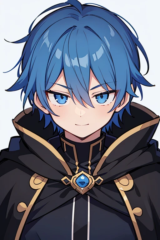 Close-up of (male anime character:1.3), (intense gaze:1.2),blue eyes, very short blue hair, shadowed face, (black cloak with golden trim:1.1), high-detail digital illustration, (light background:1.1), anime style, strong facial features, contrasting colors,anime,1male,smile,closed mouth