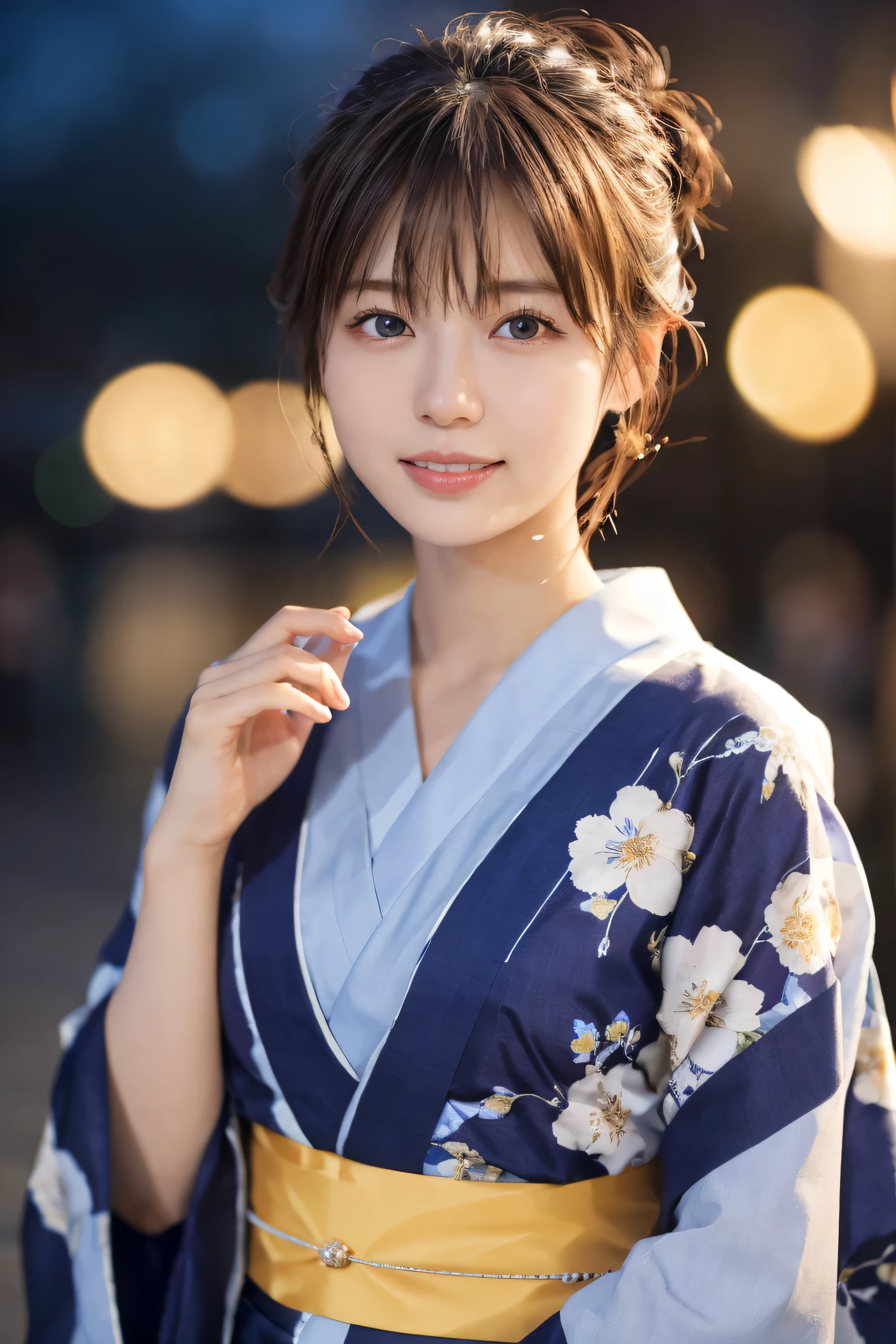 1 girl,I came to the Kyoto fireworks festival.、{{hair ornaments、There are fireworks in the background、Waist up shot、Drooling eyes、Droopy eyes、Hair tied up、Bun Hair}:1.4}、Snapshots at the night fireworks festival、 {{Very clear and delicate blue eyes}}、(Japanese Kimono、A traditional Japanese yukata from the Showa period, typically in navy blue with floral patterns :1.2), (RAW Photos, highest qualそれy), (Realistic, Realistic:1.4), Tabletop, Very delicate and beautiful, Very detailed, 2k wallpaper, wonderful, finely, Very detailed CG Unlimited 8K wallpaper, Very detailed, High resolution, Soft Light, Beautiful detailed girl, Very detailed目と顔, Beautiful and sophisticated nose, Finely beautiful eyes, Cinema Lighting, Perfect Anatomy, Slender body, Was nervous, 
short hair, bangs, Looking at the audience, smile