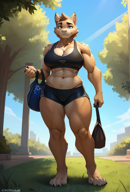 [rory], [ceehaz], [Dog Knight RPG], [Uploaded to e621.net; (ceehaz), (Pixelsketcher), (wamudraws)], ((masterpiece)), ((high res)), ((HD)), ((solo portrait)), ((full body)), ((front view)), ((furry; anthro)), ((detailed fur)), ((detailed shading)), ((beautiful render art)), ((intricate details)), {anthro; (slim figure), (brown fur), black nose, (cute hazel eyes), (half-closed eyes), (short eyelashes), short brown hair, (long fluffy tail), (sharp black claws), (defined muscles), (medium boobs), (curvy hips), (thick muscular thighs), (beautiful legs), (beautiful feet), (humanoid feet), (sweating), (bored expression)}, {(green sports bra), (cleavage), (spandex yoga shorts)}, {(standing), (holding bag), (looking at viewer)}, [background; (park), (grass), (blue sky), (sun rays), (ambient lighting)]