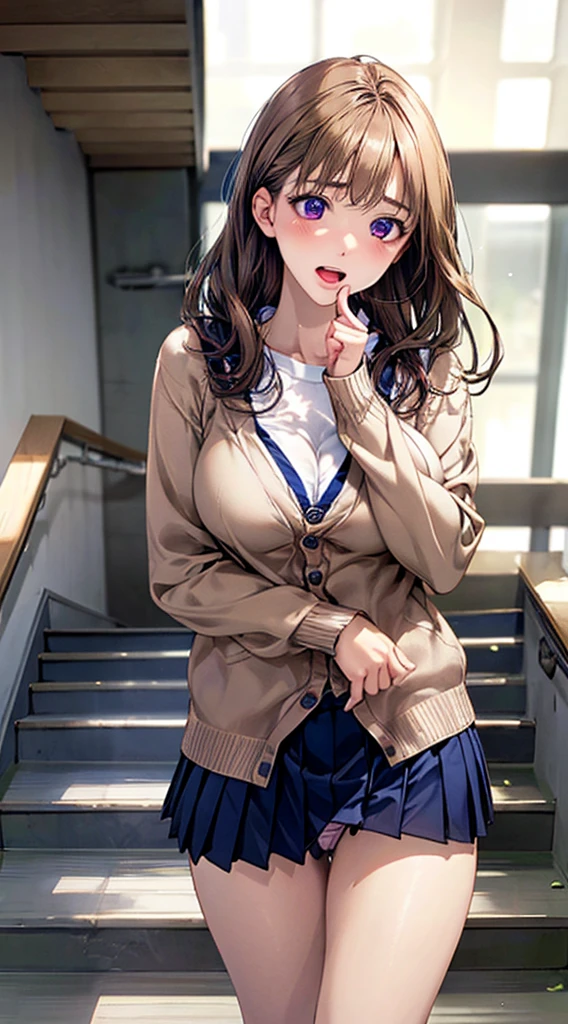 (Masterpiece:1.2, Highest quality), (realistic, photorealistic:1.4), beautiful illustrations, (Natural side lighting, movie light),
((from behind:1.2, bottom view)), looking at the audience, , 1 woman, Japan, high school girl, perfect face, The face is cute and symmetrical., Shiny skin,
(long hair:1.8, straight hair:1.7, blonde hair), asymmetrical bangs, purple eyes, (big breasts:1.1, thick thighs), (perfect finger),
Beautiful hair, Beautiful face, Beautifully detailed eyes, beautiful collarbone, beautiful body, Beautiful breasts, beautiful thighs, Beautiful legs, Beautiful fingers,
((Light blue collared shirt, Navy pleated short skirt, sock, those navy, Light brown cardigan, white thighs)), pink panties,
(beautiful scenery), evening, School Ladder, walking place, lean forward, thigh vibrator, Dynamic angle,
((Ahegao, Ashamed, afraid, open mouth)), Looking from the bottom of the stairs, turn around, Stick out your butt.,