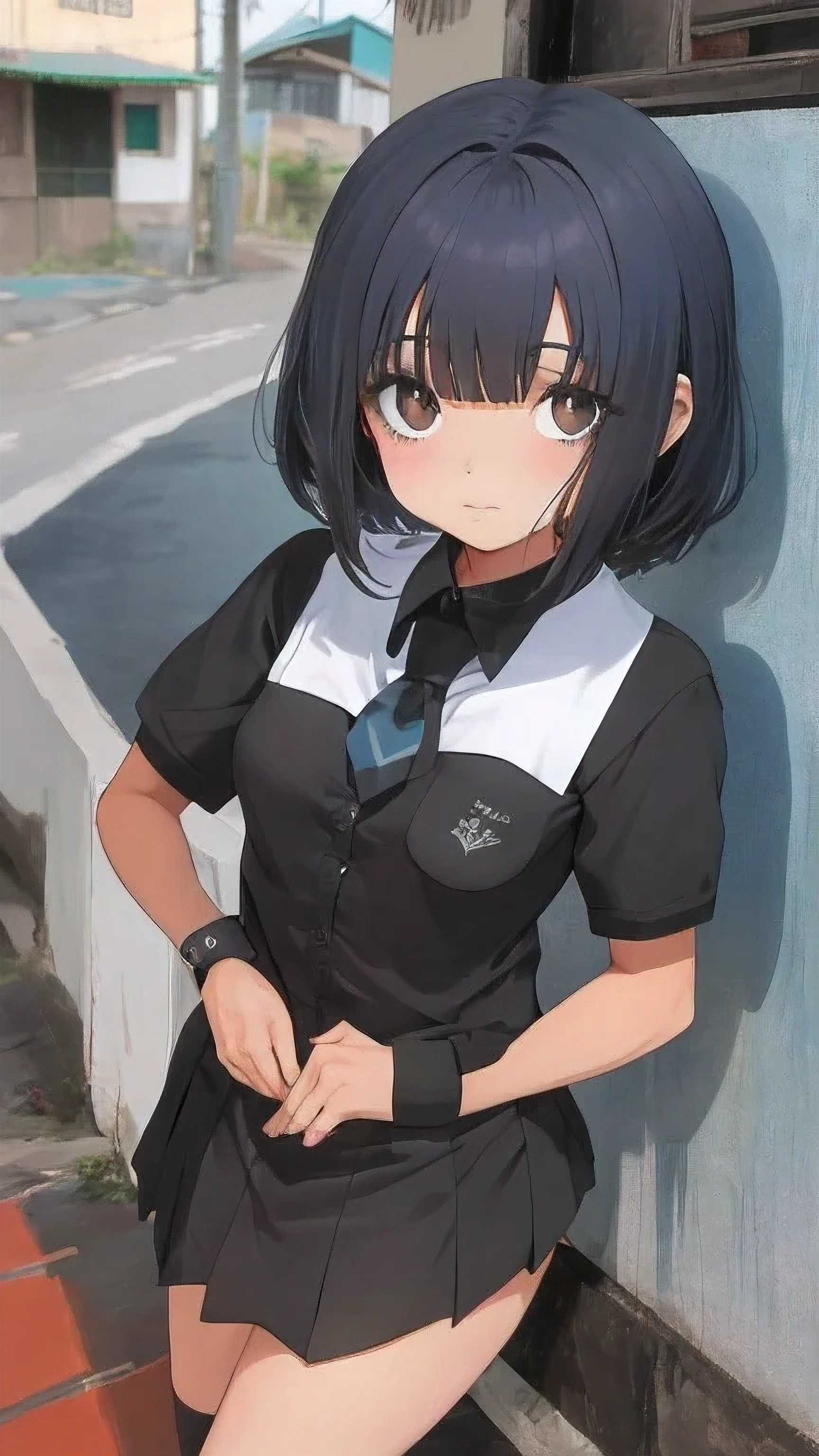 Garota de 15 anos com Maria Chiquinha no cabelo preto usando um uniforme escolar com uma saia quadriculada curta