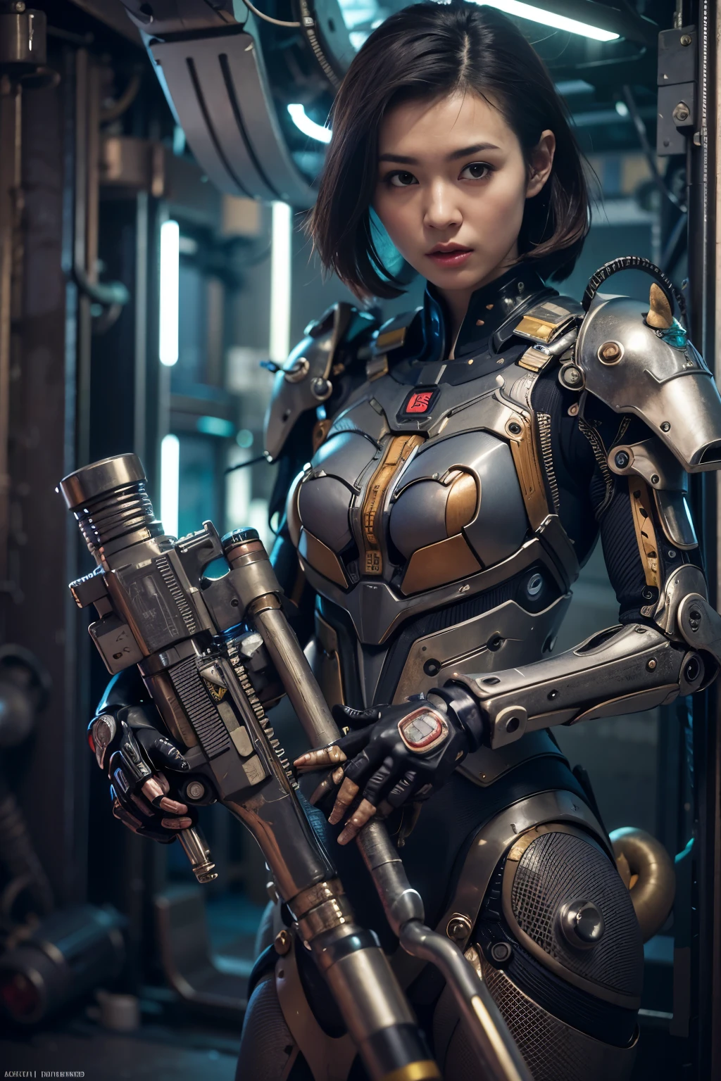 (Masterpiece, Best Quality: 1.2), (8K UHD, 16K, 32K, Ultra High Resolution), (Photorealistic: 1.37), (RAW Photo), Ultimate Reality, Ultimate Realistic Detail, Ultimate Realistic Texture , extremely intricate details (mechanical armor fused with a snail), power pipes, easy to understand, extremely intricate details, Japanese female soldier wearing mechanical armor, extremely cute face, extremely beautiful face, realistic, Full body shot, shot from the dawn of a secret base, cyberpunk