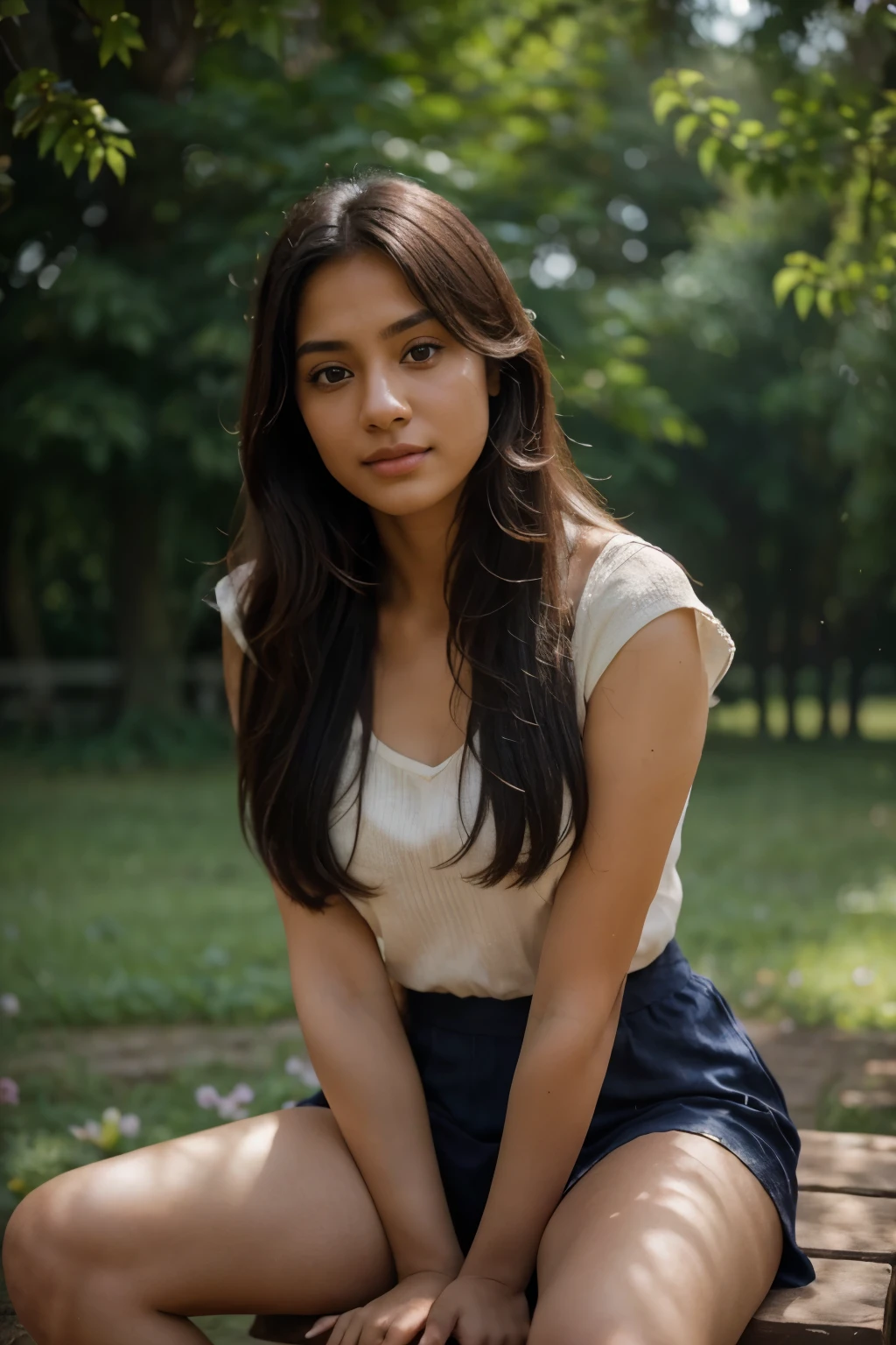 An ultra-realistic photograph captured with a Sony α7 III camera, equipped with an 85mm lens at F1.2 aperture setting, portraying a young Indian woman sitting on a wooden bench in a sunlit park. The background is beautifully blurred, highlighting the subject. The park is adorned with lush greenery and blooming flowers, creating a serene atmosphere. Soft sunlight gracefully illuminates the subject's face and hair, casting a dreamlike glow. The image, shot in high resolution and a 16:9 aspect ratio, captures the subject's natural beauty and personality with stunning realism