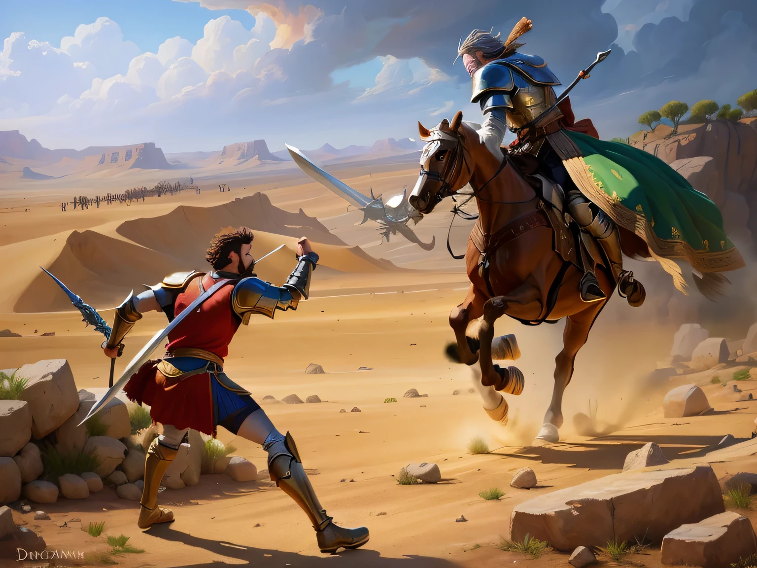 a painting of two men in armor fighting in a desert, Davi et Golias, Peinture de Golias, mener une bataille, mener les Spartiates au combat, Epic battle scene, Award - Award-winning epic painting, Epic biblical representation, Guerrier perse, L&#39;ère des empires, Detailed illustration of the&#39;art du jeu, Epic battle scene, Directed by: Juan O&#39;Gorman, Digital painting of the Grego myth, illustration biblique