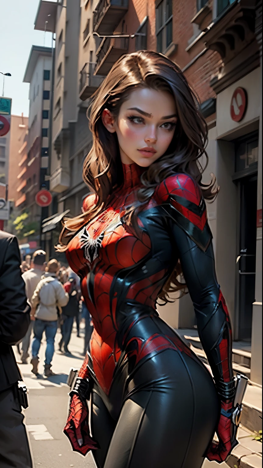 Beautiful woman detailed defined body using spider man cosplay, big breasts