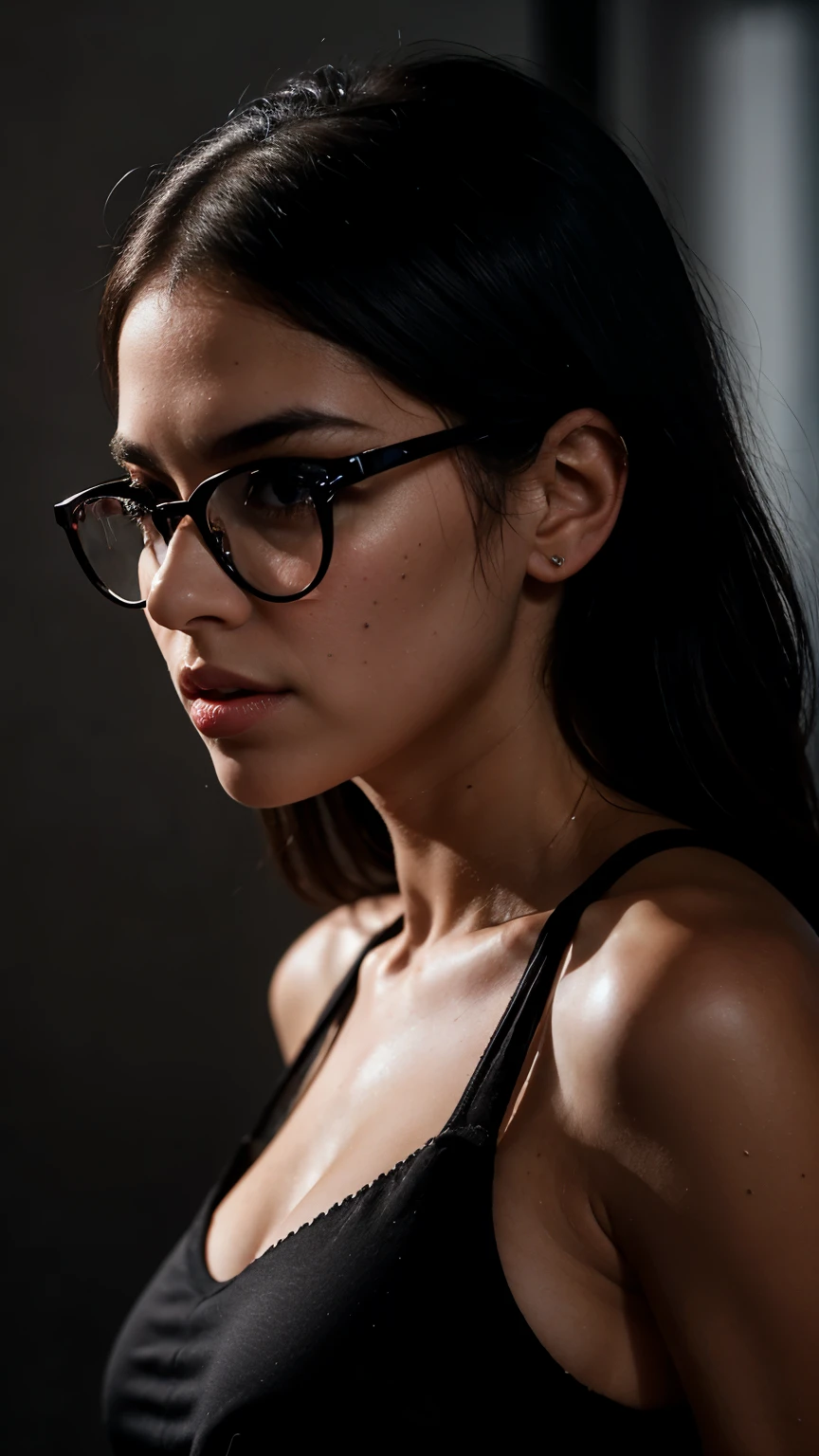 Adriana Morales steht in dominanter haltung im supermarkt, she wears simple office clothes, Sakko und einen Hosenanzug, ((she wears glasses)), analog style, Adriana Morales is a beautiful young spanish girl, indoor, (wide shot), professional photograph, full body photo, beautiful rectangular face, cute natural makeup, ultra realistic, elegant, highly detailed, sharp focus, studio lights, soft skin, beautiful eyes, minimal makeup, straight hair, cutting-edge photo professionally enhance the colors and details of photo, flawless and high-quality retouch, skin texture in focus, sharp focus, bokeh on background, abstract background, abstract lights, light sources from sides, backlight, counter light, vibrant colors, dual color lights, black and white still, digital Art, perfect composition, beautiful detailed intricate insanely detailed octane render trending on artstation, 8 k artistic photography, photorealistic concept art, soft natural volumetric cinematic perfect light,
