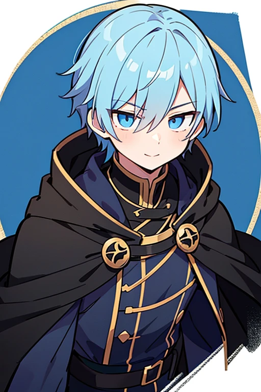 Close-up of (male anime character:1.3), (intense gaze:1.2),blue eyes, very short blue hair, shadowed face, (black cloak with golden trim:1.1), high-detail digital illustration, (light background:1.1), anime style, strong facial features, contrasting colors,anime,1male,smile,closed mouth