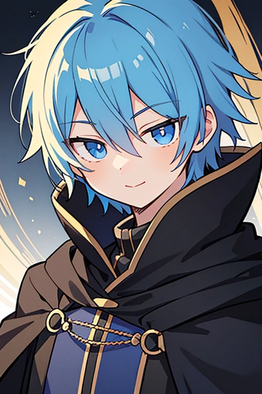 Close-up of (male anime character:1.3), (intense gaze:1.2),blue eyes, very short blue hair, shadowed face, (black cloak with golden trim:1.1), high-detail digital illustration, (light background:1.1), anime style, strong facial features, contrasting colors,anime,1male,smile,closed mouth