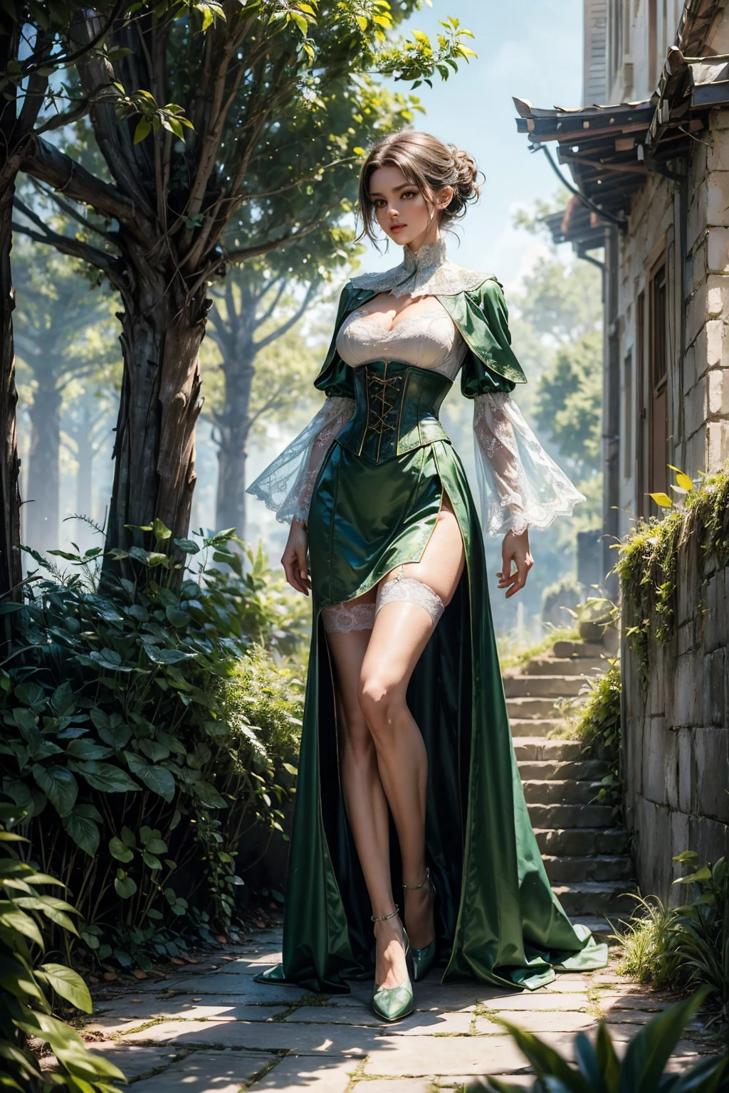 ((show full body from head to toe, standing, body facing to the viewer (show front body)). Tall body, fit body, slender body, medium breast. A female wizard wearing green and white clothes, long sleeves(lace sleeves), skirts, corset, cloak, robes, cape, gloves, stockings, show heels. short hair with updo. Masterpiece:1.5, illustration:1.1, best quality:1.5, simple detail, 4k, HDR, balance focused camera view, middle camera view, vertical scape camera, natural lighting, bright lighting, sunlight, sharp focus, smooth detail, HDR. Outdoor at a town