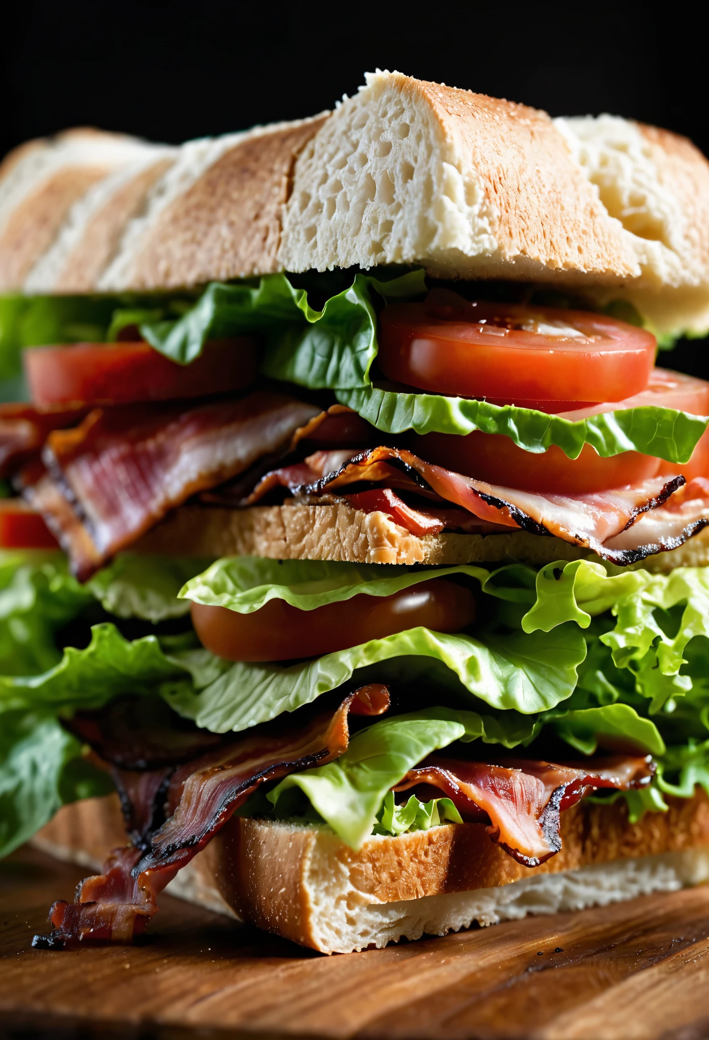 Create an extreme macro close-up detailed magazine-quality food photograph of a BLT sandwich. The image should showcase the intricate detail of the bacon, lettuce, and tomato with underexposed, contrasty lighting. The shot should be taken from the side in a rustic kitchen setting.
The composition should focus on the texture and shape of each ingredient, capturing every wrinkle in the bacon, every vein in the lettuce, and every juicy drop of tomato. The background should be blurred, drawing attention to the sandwich and creating a sense of depth.
The lighting should be soft and warm, casting shadows on the sandwich and adding depth to the image. The contrast should be high, emphasizing the textures and shapes of the ingredients.