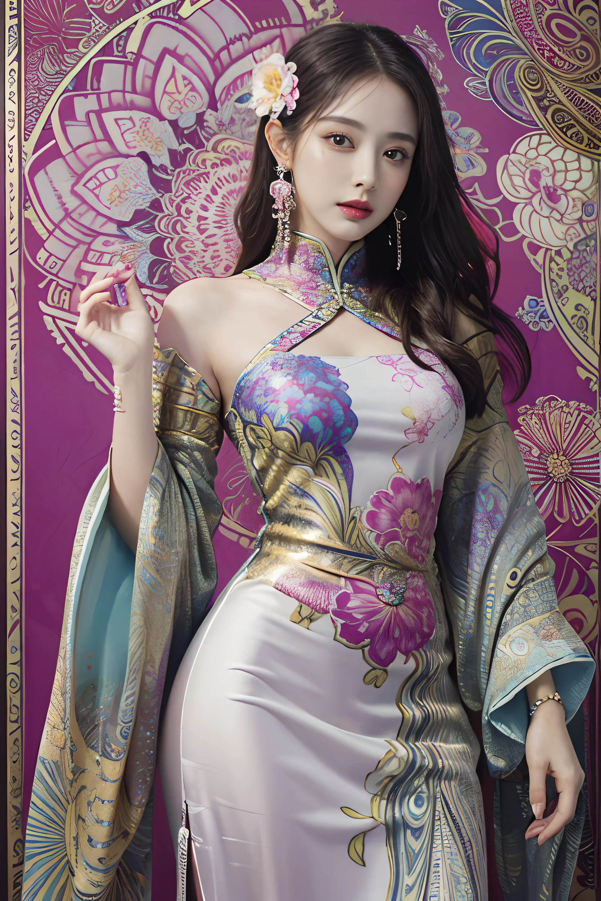 (masterpiece, top quality, best quality, official art, beautiful and aesthetic:1.2), (1 woman:1.3), very detailed,(fractal art:1.1),(fancy:1.1)(flowers:1.3),most detailed,(Zentangle:1.2), (dynamic pose), (abstract background:1.3), (traditional Chinese dress:1.2), (glowing skin), (various colors:1.4), ,(earring:1.4),