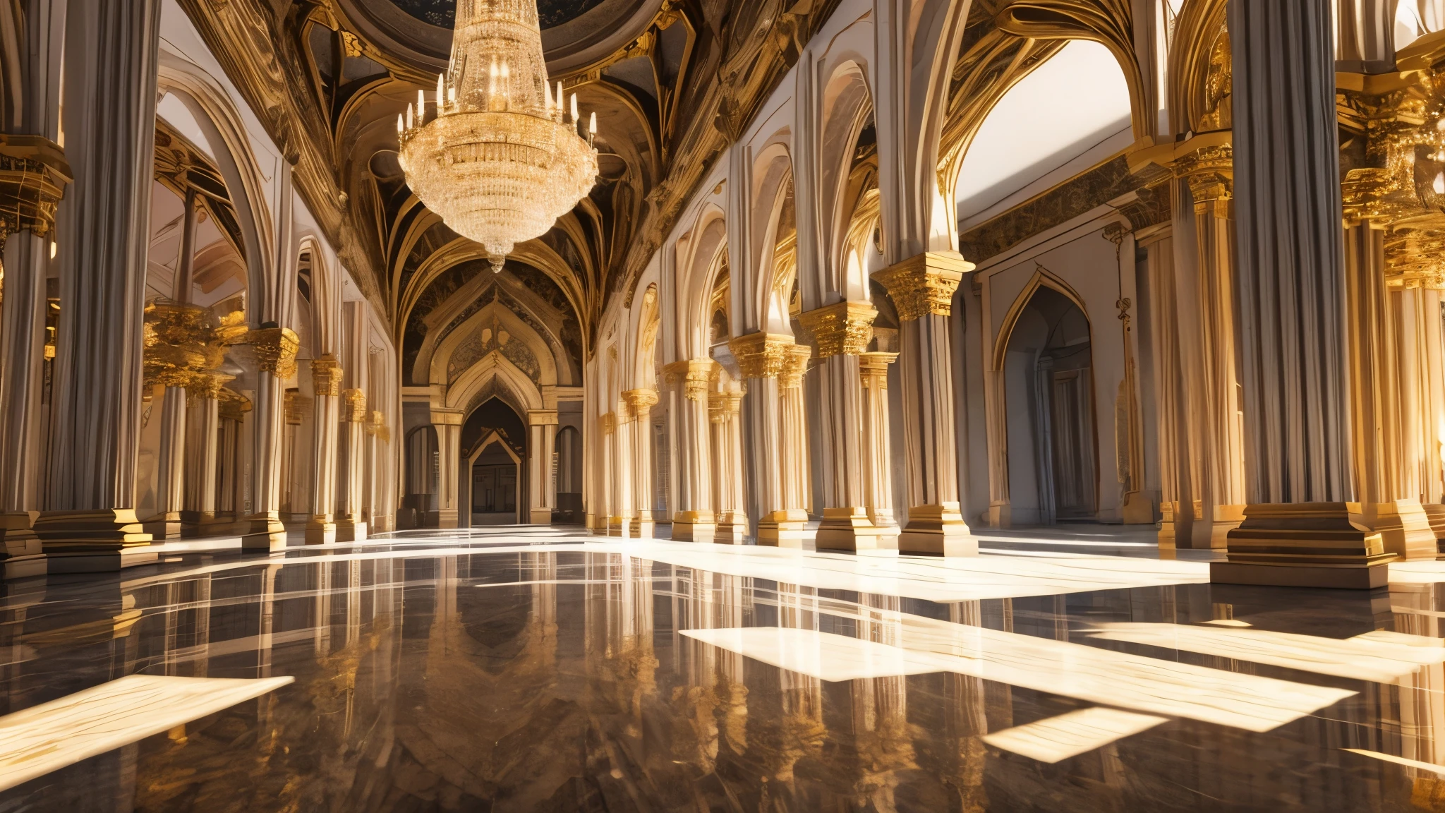 Masterpiece, best quality, 8k, impressive camera. The atmosphere of the chamber was filled with white light, which reflected off the gold-adorned walls, creating a magical and enchanting atmosphere.