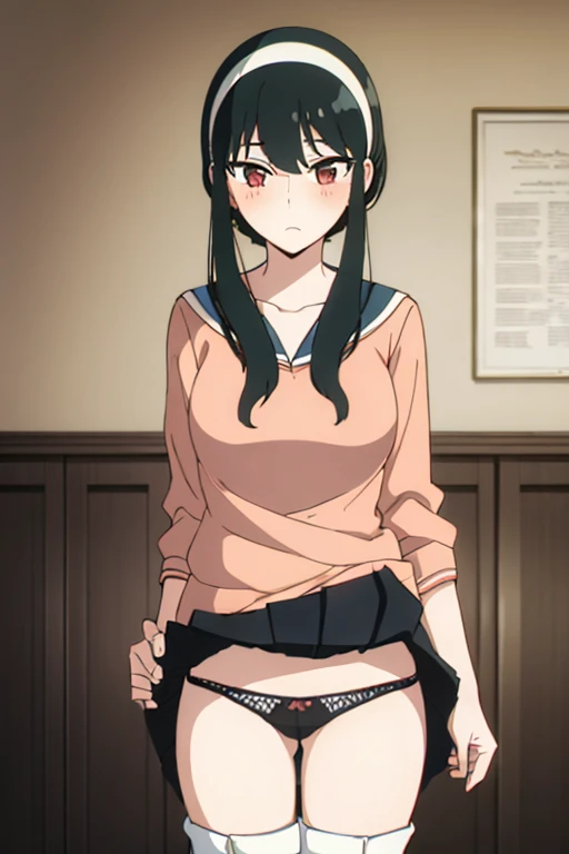 (masterpiece, highest quality: 1.2), alone, 1 girl, alone, panties，，blush，black，Sailor suit，your heather,View your viewers, Long black hair, head band,  Earrings, Big Breasts, Medium Waist, Medium Hips, wide thighs, Embarrassing, Charm, Good move.., Excellent anatomy,panties，classroom，，Sailor suit，skirt， (((skirtめくり, I can see your pants)))，