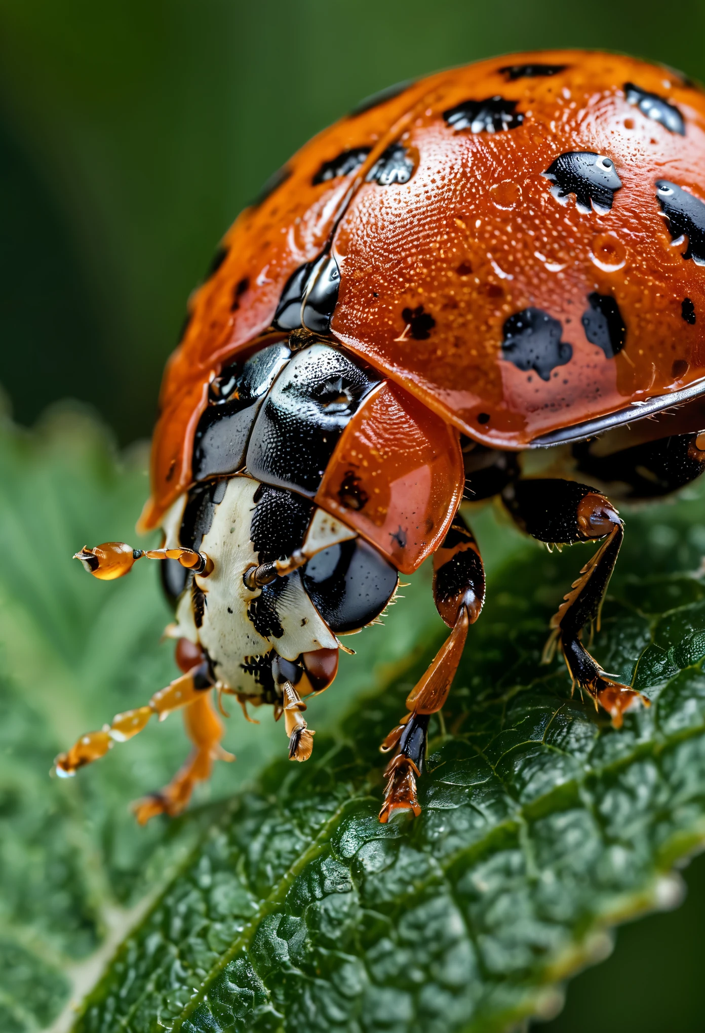 An extreme macro close up shot of a ladybug crawling on a tasty leaf