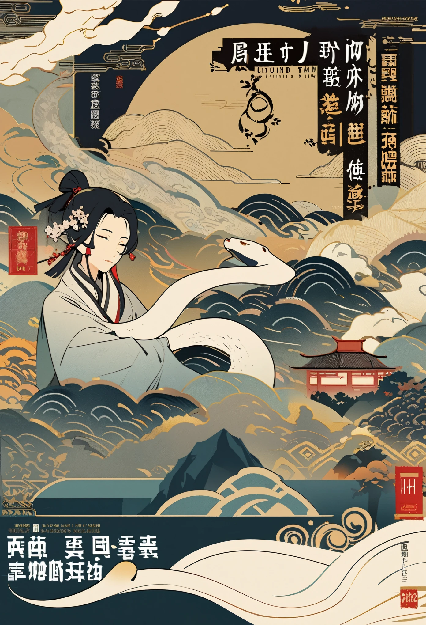 cover page, Four major folk legends of ancient China, The Legend of the White Snake, Bai she zhuàn, flat Design, vector illustrations, graphic illustration, detailed 2d illustration, flat illustration, digital illustration, digital artwork,