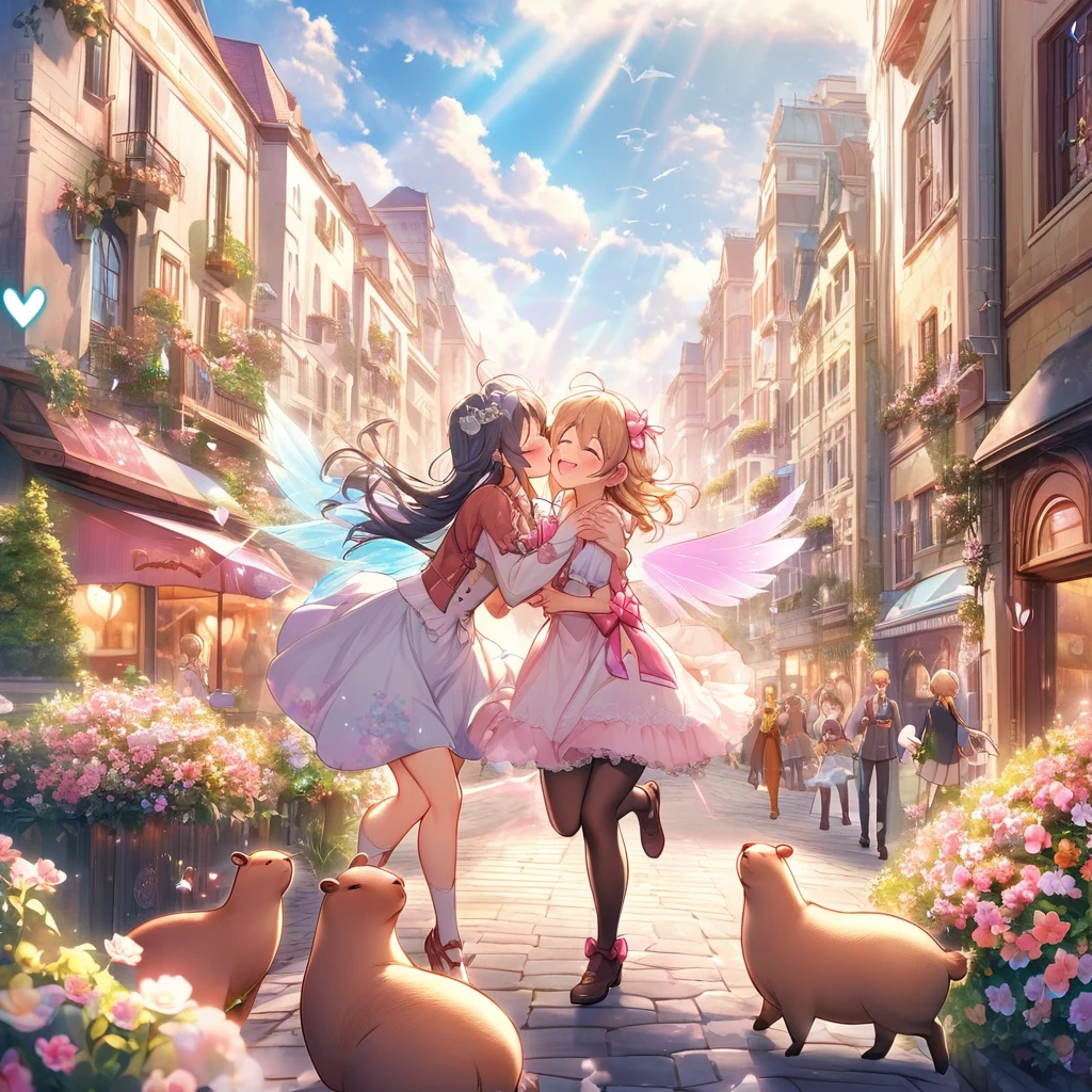 (a cute, happy, winged capybara, love-themed bow and arrow), bustling city, young women, finding love, vibrant colors, whimsical atmosphere, charming smiles, fluttering wings, joyful expressions, arrow of love, love-struck, magical moments, enchanting encounters, dreamy landscapes, urban backdrop, heart-shaped arrows, love-filled air, romantic ambiance, busy streets, hopeful hearts, tender connections, radiant energy, seamless connections, serendipitous meetings, sunny skies, blooming flowers, laughter and joy, sparkling eyes, love conquers all, delightful surprises, heartwarming encounters, picturesque settings, uplifting spirit, captivating scenes, unforgettable connections, love spreading in every corner, enchanted cityscape, love arrows piercing through the air, heartwarming embraces, love-filled destiny.