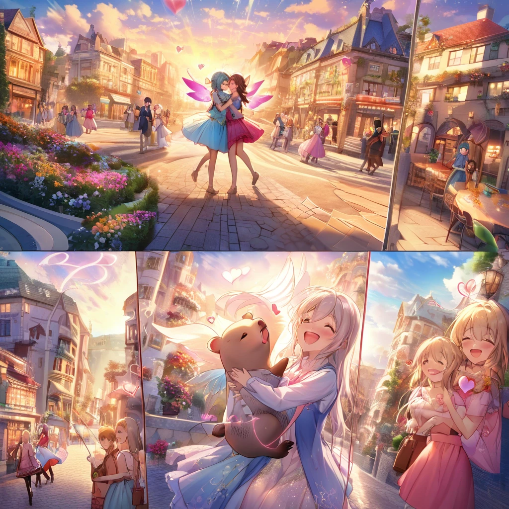 (a cute, happy, winged capybara, love-themed bow and arrow), bustling city, young women, finding love, vibrant colors, whimsical atmosphere, charming smiles, fluttering wings, joyful expressions, arrow of love, love-struck, magical moments, enchanting encounters, dreamy landscapes, urban backdrop, heart-shaped arrows, love-filled air, romantic ambiance, busy streets, hopeful hearts, tender connections, radiant energy, seamless connections, serendipitous meetings, sunny skies, blooming flowers, laughter and joy, sparkling eyes, love conquers all, delightful surprises, heartwarming encounters, picturesque settings, uplifting spirit, captivating scenes, unforgettable connections, love spreading in every corner, enchanted cityscape, love arrows piercing through the air, heartwarming embraces, love-filled destiny.