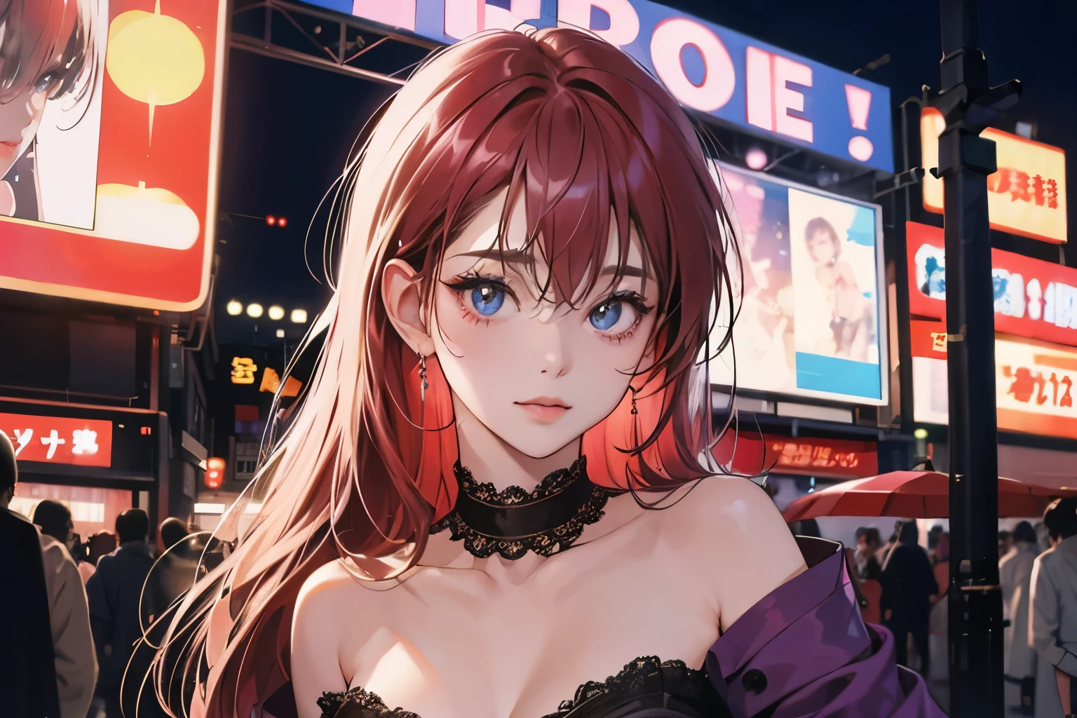 Brown haired attack on titan anime style, long hair, emo, sideswept bangs and hot, adult, party girl, anime.
