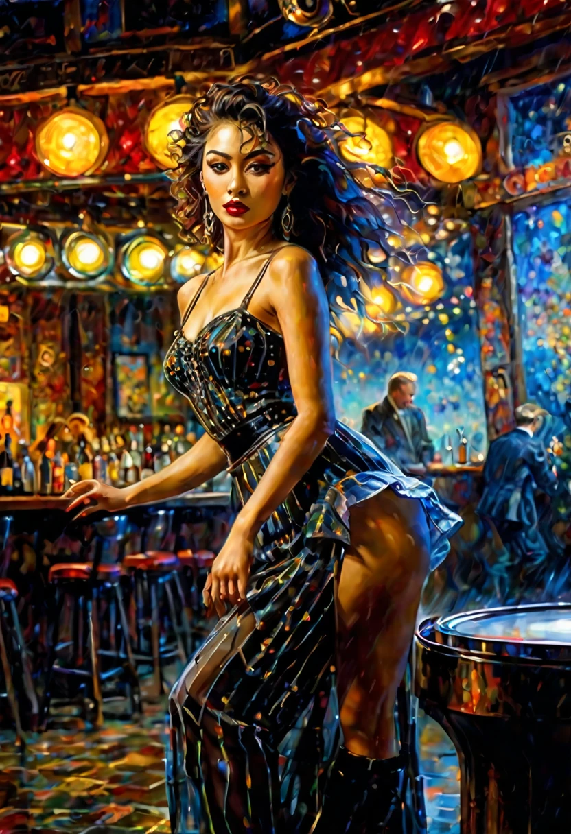 ung woman、Dancing jazz、serious Face、dancer、Deep shadows、Oil painting style、Jazz bar background、 Dramatic Lighting, Extremely true, 8k, Crazy details, Wheels within wheels, Bokeh, Shot with a 60mm lens, ISO 300, F/4, 1/200th, Bright colors, Pino Deheny, Vincent Van Gogh, Luis Royo, Frank Frazetta