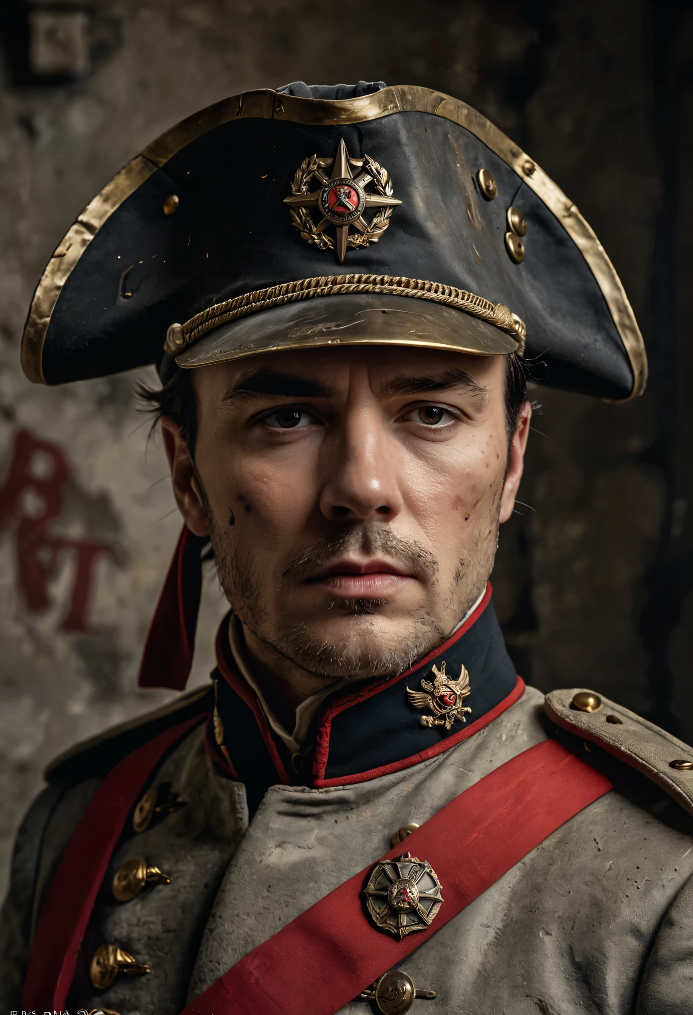 Stylized portrait of a man in historical military uniform, (iconic bicorne hat:1.3), with emblem, grey coat with high collar and brass buttons, intense stare, historical figure inspiration, weathered wall background with (abstract red streaks:1.1), dramatic lighting, strong facial features, Sony A9, 1/250s, f/4.5, ISO 500, cinematic retouching, textured finish, high-resolution digital art,

















































































































