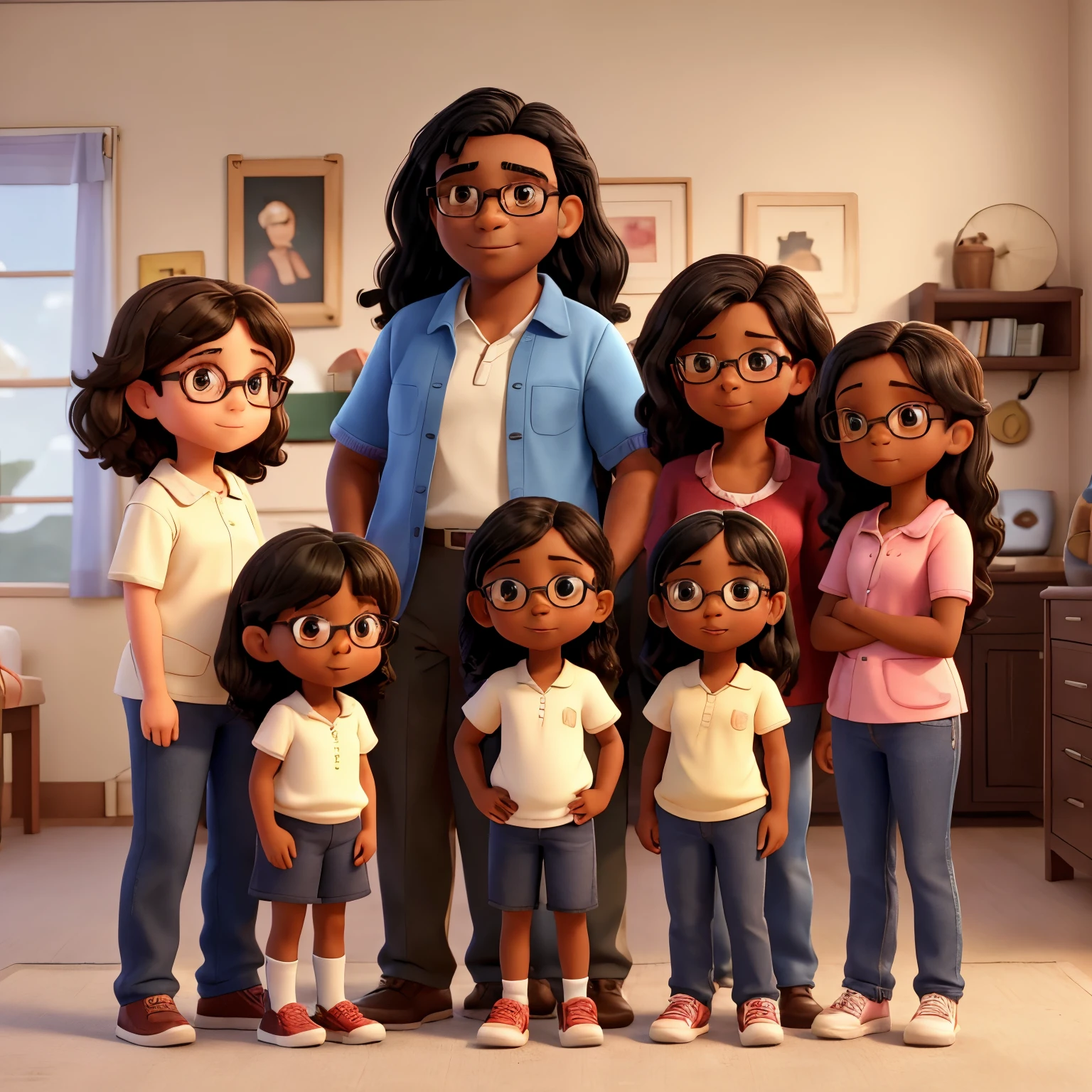 A family of 4 members, a dad with straight black hair and a little chubby, a brunette mom with wavy hair, an 8-year-old daughter is thin and dark-skinned and another 16-year-old daughter wears glasses with straight hair.