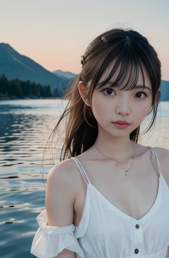 best quality, detailed, beautiful, insanely detailed, absurdres,perfect anatomy,
Japanese woman,black hair,27 years old,
(slender),
(small breasts best quality),
lake, blissful, sleepy, (floating), messy hair, (plain white dress), (Scene floating on the surface of the lake:1.2),a single large shooting star falling, (at midnight), full body shot, overhead shot, darkness