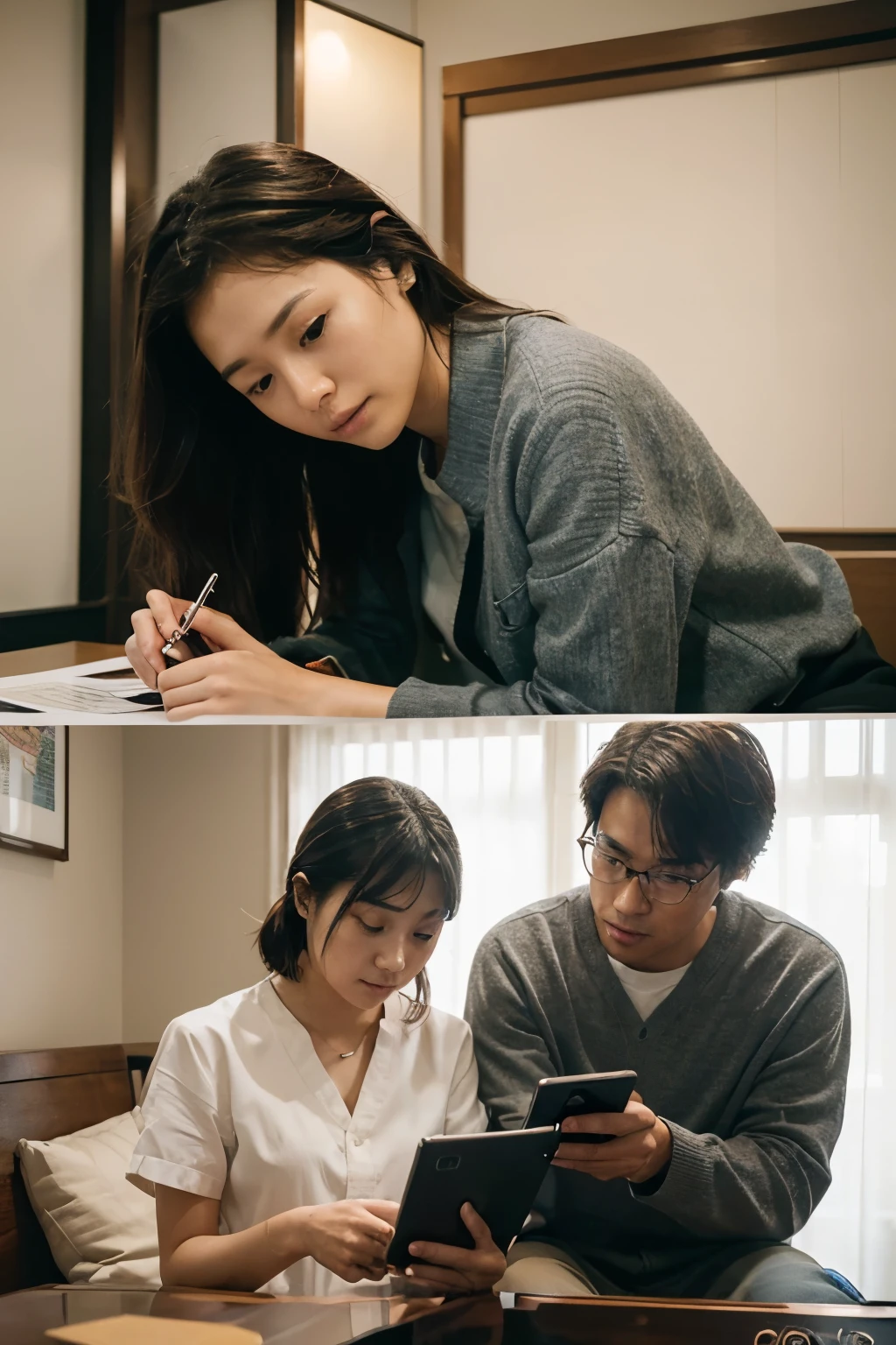 Develop an image generation system that depicts a Japanese couple researching where to go, with both individuals having normal-looking eyes.

The system should generate a digital illustration of a Japanese couple, consisting of a girl and a boy, engaged in the activity of researching where to go.
The couple should be portrayed as typical, modern individuals, dressed in contemporary Japanese attire.
Both individuals should have their eyes open and appear as normal people, without any abnormal characteristics.
The background of the image should depict a setting suitable for research, such as a cozy cafe or a study room.
The couple can be shown using electronic devices (e.g., laptops, tablets, smartphones) for their research, or they can be depicted browsing through physical materials like books or maps.
The image should convey a sense of curiosity, engagement, and anticipation as the couple explores their options for activities or destinations.
The style of the illustration can be either realistic or stylized, as long as it effectively conveys the intended mood and scenario.

Couple Representation: Ensure that the illustration accurately represents a Japanese couple in terms of clothing, hairstyle, and demeanor.
Natural-Looking Eyes: Both individuals should have eyes that appear natural and realistic, without any unusual or exaggerated features.
Activity Depiction: Clearly depict the couple engaging in the activity of researching where to go, with suitable props or elements to support the scene.
Background Setting: Choose an appropriate background setting that enhances the narrative of the image and complements the activity being depicted.
Overall Composition: Create a visually appealing composition that effectively communicates the theme of the prompt and engages the viewer's attention.