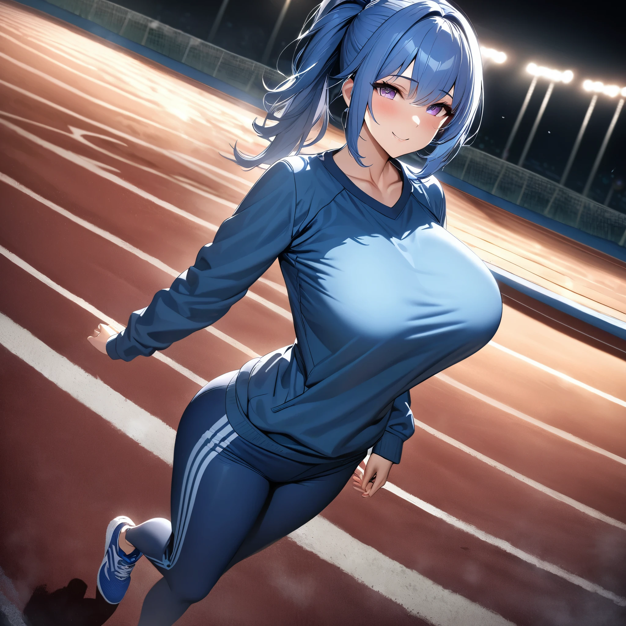 a woman wearing a cold blue sweatshirt, blue sports pants, sports sneakers, blue hair, ponytail hair, purple eyes, smiling, big breasts, walking on a running track field, at night, with lighting, full body,(woman solo)ultra resolution, very detailed, HDR, masterpiece, 8K hd
