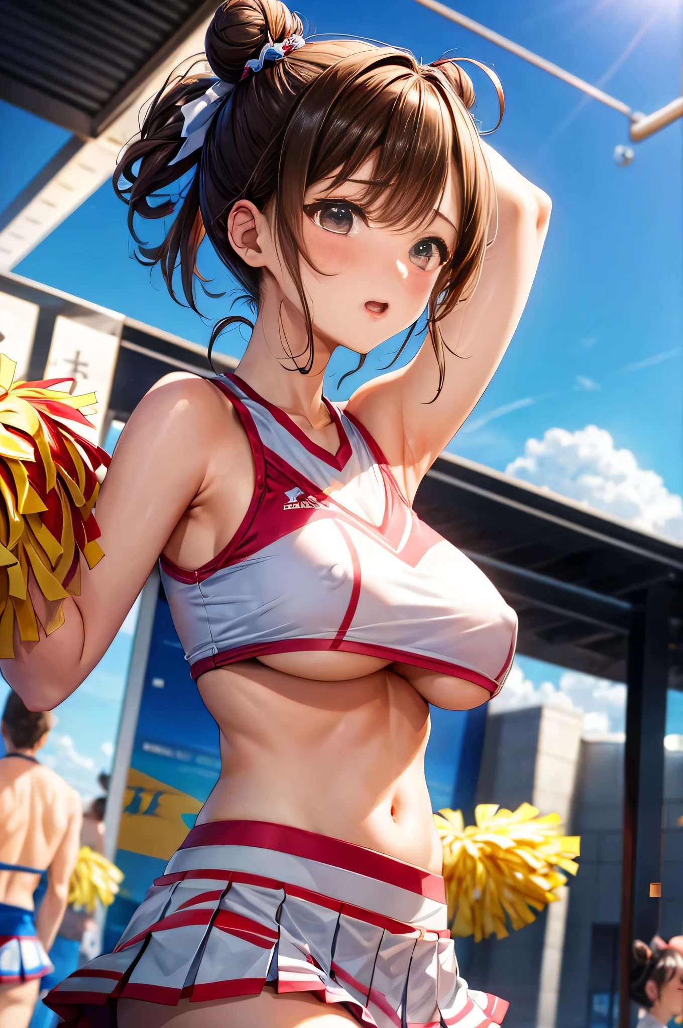 Cheerleader、Nipple Pochi、Bun Hair、brown hair、Big Breasts、