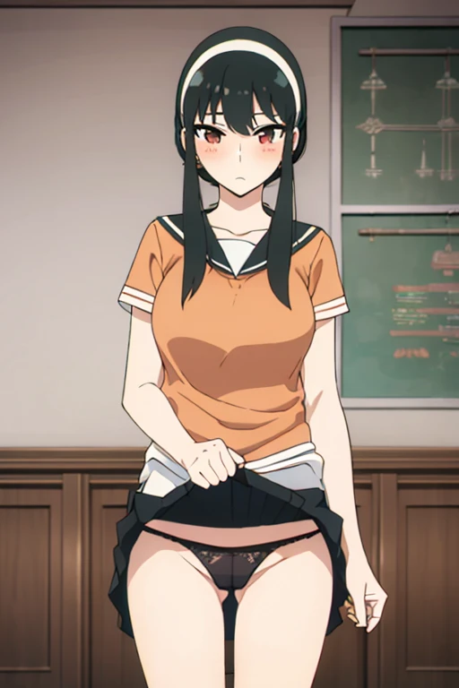 (masterpiece, highest quality: 1.2), alone, 1 girl, alone, panties,,blush,black,Sailor suit,your heather,View your viewers, Long black hair, head band, Earrings, Big Breasts, Medium Waist, Medium Hips, wide thighs, Embarrassing, Charm, Good move.., Excellent anatomy,panties,classroom,,Sailor suit,skirt, (((skirtめくり, I can see your pants))),
