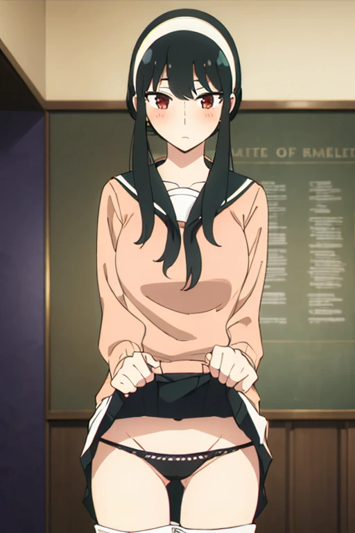 (masterpiece, highest quality: 1.2), alone, 1 girl, alone, panties,,blush,black,Sailor suit,your heather,View your viewers, Long black hair, head band, Earrings, Big Breasts, Medium Waist, Medium Hips, wide thighs, Embarrassing, Charm, Good move.., Excellent anatomy,panties,classroom,,Sailor suit,skirt, (((skirtめくり, I can see your pants))),
