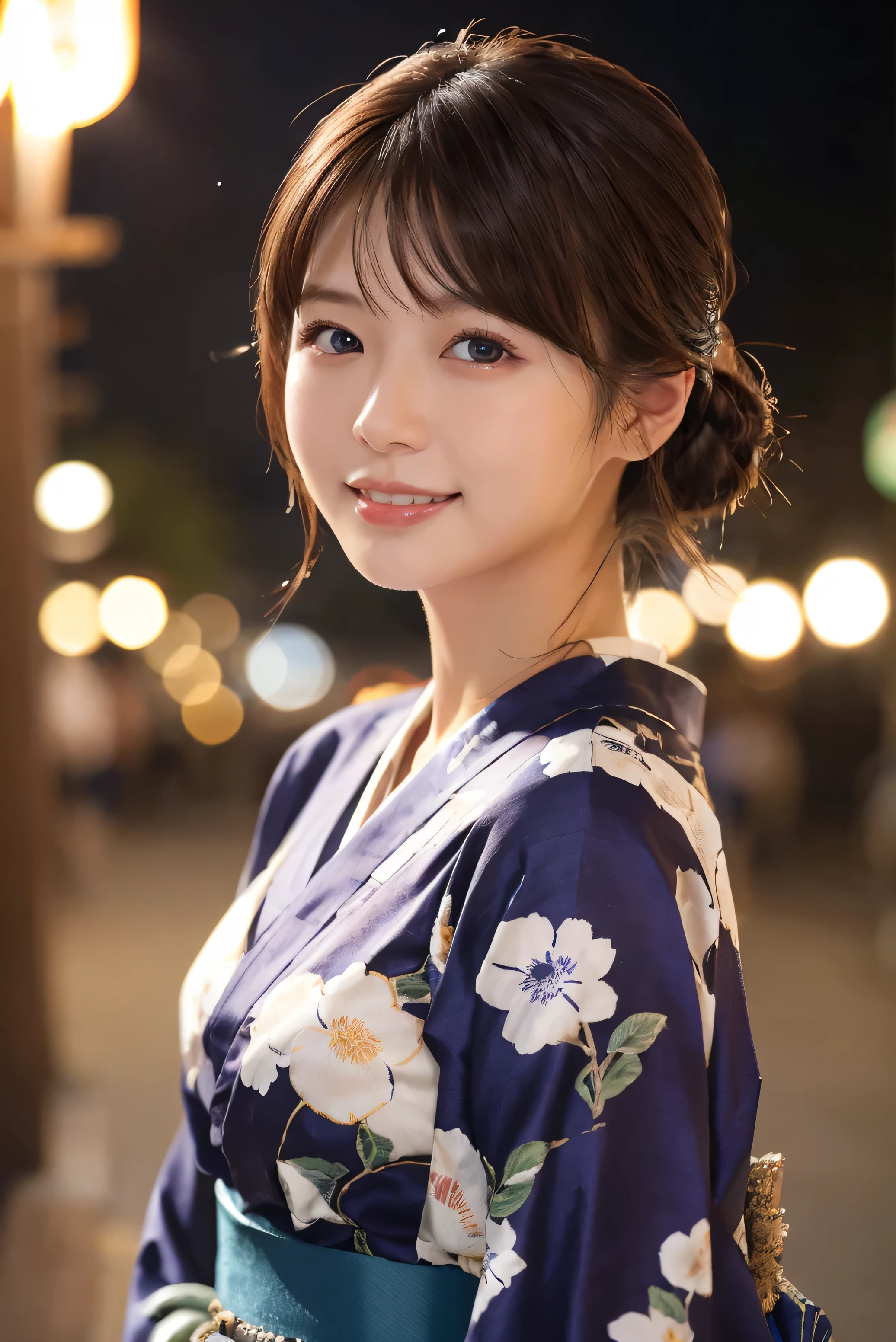 1 girl,Bust up shot、I came to the Kyoto fireworks festival.、{{hair ornaments、There are fireworks in the background、Waist up shot、Drooling eyes、Droopy eyes、Hair tied up、Bun Hair}:1.4}、Snapshots at the night fireworks festival、 {{Very clear and delicate blue eyes}}、(Japanese Kimono、A traditional Japanese yukata from the Showa period, typically in navy blue with floral patterns :1.2), (RAW Photos, highest qualそれy), (Realistic, Realistic:1.4), Tabletop, Very delicate and beautiful, Very detailed, 2k wallpaper, wonderful, finely, Very detailed CG Unlimited 8K wallpaper, Very detailed, High resolution, Soft Light, Beautiful detailed girl, Very detailed目と顔, Beautiful and sophisticated nose, Finely beautiful eyes, Cinema Lighting, Perfect Anatomy, Slender body, Was nervous,
short hair, bangs, Looking at the audience, smile