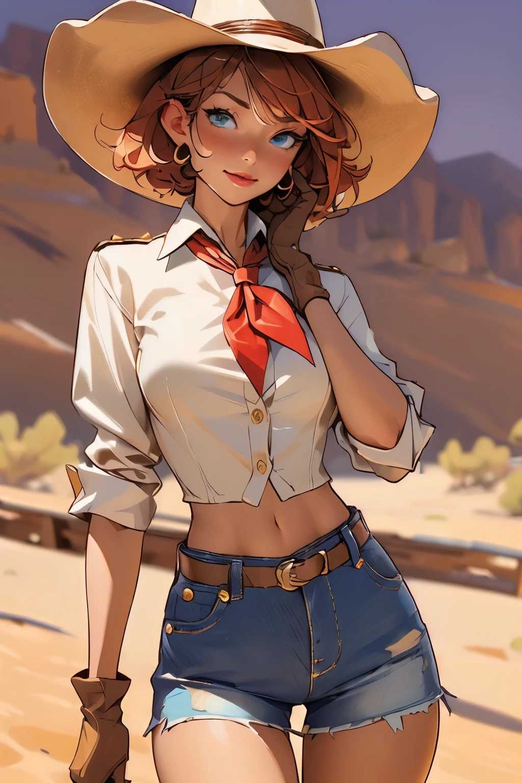 (((((solo))))),(((((masterpiece))))), (((((best quality))))),(((((highly detailed))))), finely detailed, Depth of field, crisp detail, detailed clothes, highres,
1girl, bangs, (beautiful detailed face:1.3), collarbone, collared shirt, ((white shirt)), shirt half open, buttons undone, no bra, several buttons open to show cleavage, show belly, blue eyes, blonde hair, cleavage, ((cowboy)), (cowboy hat:1.3), short gloves. fingerless gloves, hat, medium breasts, navel, neckerchief, red neckerchief, short hair, short shorts, daisy dukes, healthy thighs, gun belt ,cowboy western, sunny desert background, thigh gap, slender knees