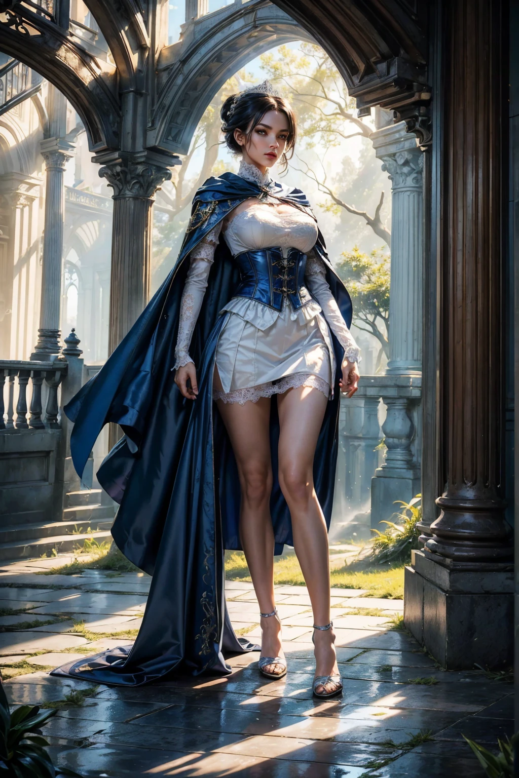 ((show full body from head to toe, standing, body facing to the viewer (show front body)). Tall body, fit body, slender body, medium breast. A female wizard wearing blue and white clothes, long sleeves(lace sleeves), skirts, corset, cloak, robes, cape, gloves, stockings, show heels. short hair with updo. Masterpiece:1.5, illustration:1.1, best quality:1.5, fine detail, 4k, HDR, balance focused camera view, middle camera view, vertical scape camera, natural lighting, bright lighting, sunlight, sharp focus, smooth detail, HDR. Outdoor at a town