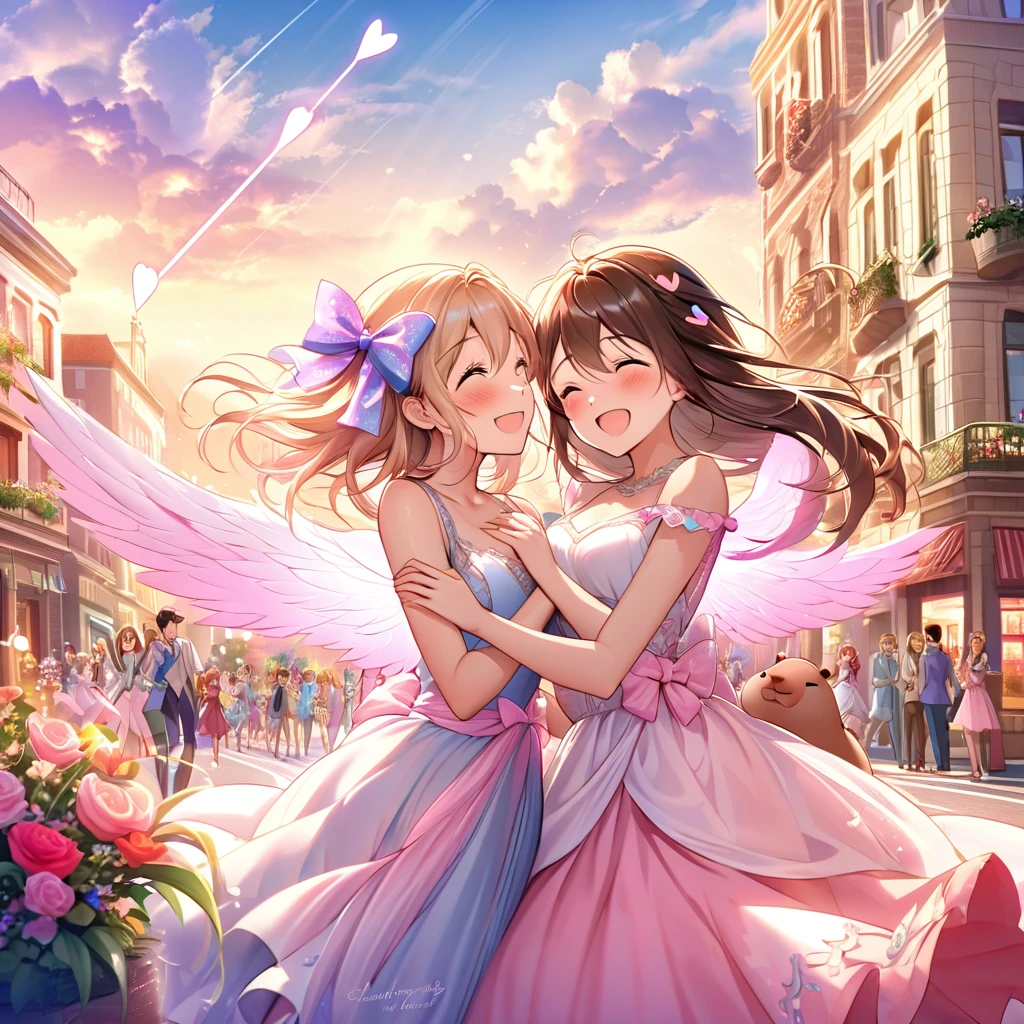 (a cute, happy, winged capybara, love-themed bow and arrow), bustling city, young women, finding love, vibrant colors, whimsical atmosphere, charming smiles, fluttering wings, joyful expressions, arrow of love, love-struck, magical moments, enchanting encounters, dreamy landscapes, urban backdrop, heart-shaped arrows, love-filled air, romantic ambiance, busy streets, hopeful hearts, tender connections, radiant energy, seamless connections, serendipitous meetings, sunny skies, blooming flowers, laughter and joy, sparkling eyes, love conquers all, delightful surprises, heartwarming encounters, picturesque settings, uplifting spirit, captivating scenes, unforgettable connections, love spreading in every corner, enchanted cityscape, love arrows piercing through the air, heartwarming embraces, love-filled destiny.