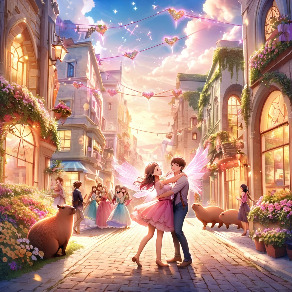 (a cute, happy, winged capybara, love-themed bow and arrow), bustling city, young women, finding love, vibrant colors, whimsical atmosphere, charming smiles, fluttering wings, joyful expressions, arrow of love, love-struck, magical moments, enchanting encounters, dreamy landscapes, urban backdrop, heart-shaped arrows, love-filled air, romantic ambiance, busy streets, hopeful hearts, tender connections, radiant energy, seamless connections, serendipitous meetings, sunny skies, blooming flowers, laughter and joy, sparkling eyes, love conquers all, delightful surprises, heartwarming encounters, picturesque settings, uplifting spirit, captivating scenes, unforgettable connections, love spreading in every corner, enchanted cityscape, love arrows piercing through the air, heartwarming embraces, love-filled destiny.