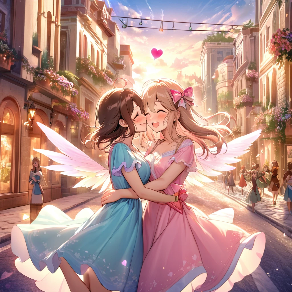(a cute, happy, winged capybara, love-themed bow and arrow), bustling city, young women, finding love, vibrant colors, whimsical atmosphere, charming smiles, fluttering wings, joyful expressions, arrow of love, love-struck, magical moments, enchanting encounters, dreamy landscapes, urban backdrop, heart-shaped arrows, love-filled air, romantic ambiance, busy streets, hopeful hearts, tender connections, radiant energy, seamless connections, serendipitous meetings, sunny skies, blooming flowers, laughter and joy, sparkling eyes, love conquers all, delightful surprises, heartwarming encounters, picturesque settings, uplifting spirit, captivating scenes, unforgettable connections, love spreading in every corner, enchanted cityscape, love arrows piercing through the air, heartwarming embraces, love-filled destiny.