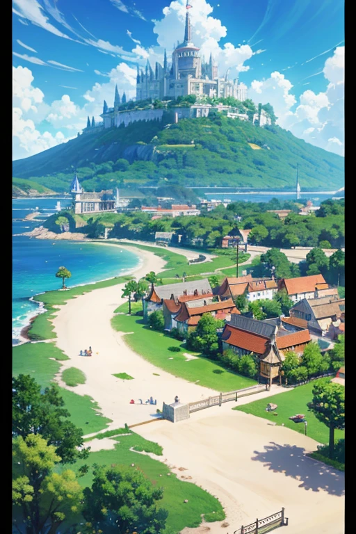 fantasy world, estilo isekai de anime, zona de comercio en la playa, estilo pixel art