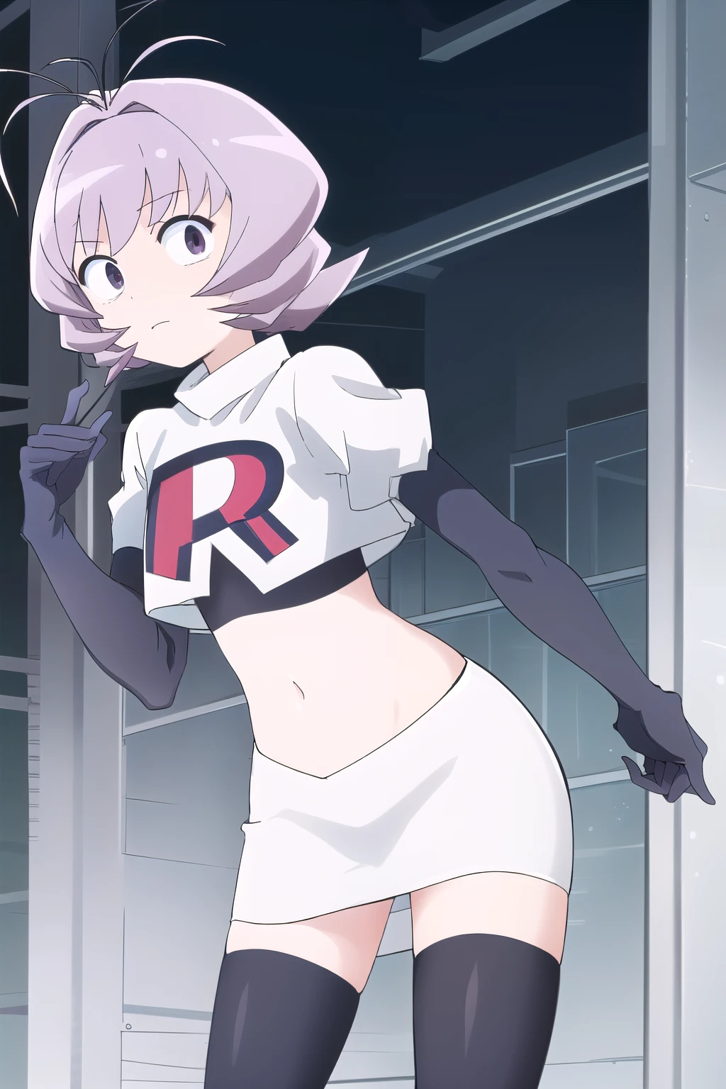 masterpiece, absurdres,male focus, trap, crossdressing,1boy,ON, solo, looking at viewer, team rocket,team rocket uniform,white skirt,red letter R,crop top,black thigh-highs,black elbow gloves, , perfect quality, good quality, masterpiece, HDR, UHD