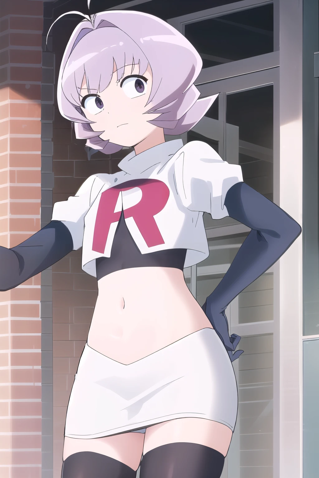 masterpiece, absurdres,male focus, trap, crossdressing,1boy,ON, solo, looking at viewer, team rocket,team rocket uniform,white skirt,red letter R,crop top,black thigh-highs,black elbow gloves, , perfect quality, good quality, masterpiece, HDR, UHD 