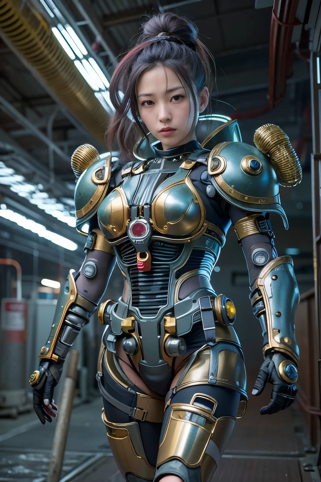 (Masterpiece, Best Quality: 1.2), (8K UHD, 16K, 32K, Ultra High Resolution), (Photorealistic: 1.37), (RAW Photo), Ultimate Reality, Ultimate Realistic Detail, Ultimate Realistic Texture , extremely intricate details (mechanical armor fused with a snail), power pipes, easy to understand, extremely intricate details, Japanese female soldier wearing mechanical armor, extremely cute face, extremely beautiful face, realistic, Full body shot, shot from the dawn of a secret base, cyberpunk