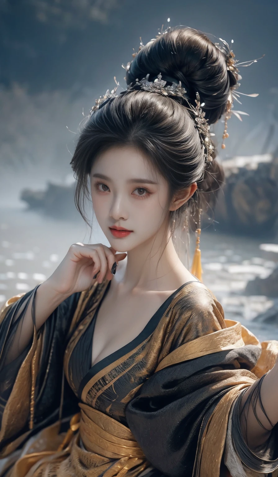Create an image of a beautiful woman wearing a sexy Japanese princess outfit., The see-through fabric is so thin that the wearer's nipples and skin can be seen., She can spread her legs wide to show off her genitals., She has a slim face., sharp eyes, long hair, responsive face, high nose, and thin lips, Her breasts are 32 inches long with pink nipples., Her waist is 24 inches., Her hips are 33 inches., Her skin was bright and white., She has light brown hair., And her figure was slim and slightly muscular..
