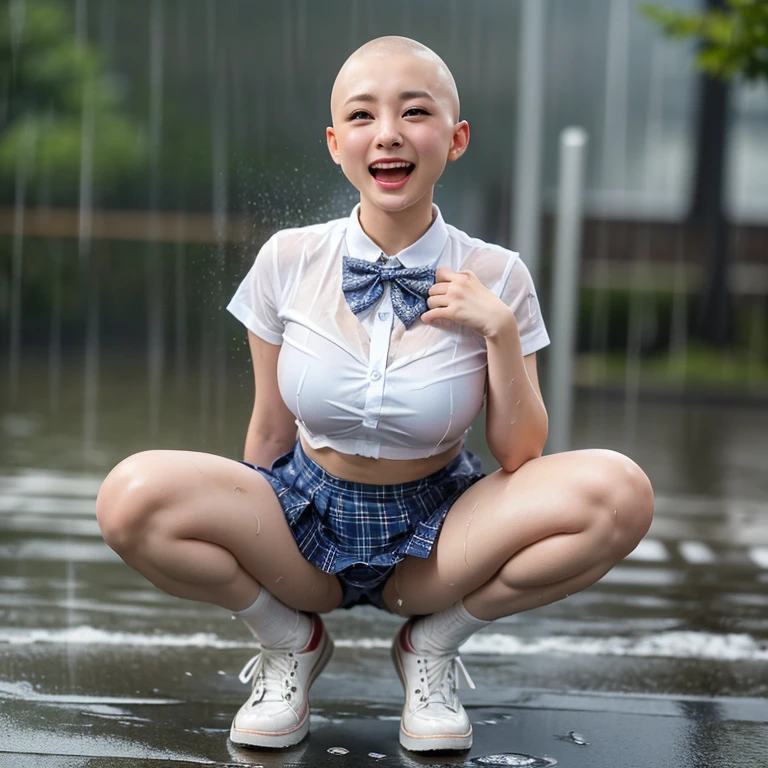 (highest quality、8k、High resolution、masterpiece:1.2)、Young and beautiful woman、(Spread your legs)、(Squat)、(Excited expression)、(White Shirt、A bow tie、mini skirt)、(Heavy rain:1.55)、(Motion Blur Effect:1.5)、(Wet body)、(Skinhead:1.6)、Busy street on a rainy night、neon、(Looking at the camera)、( When taking photos, Focus on the crotch）
