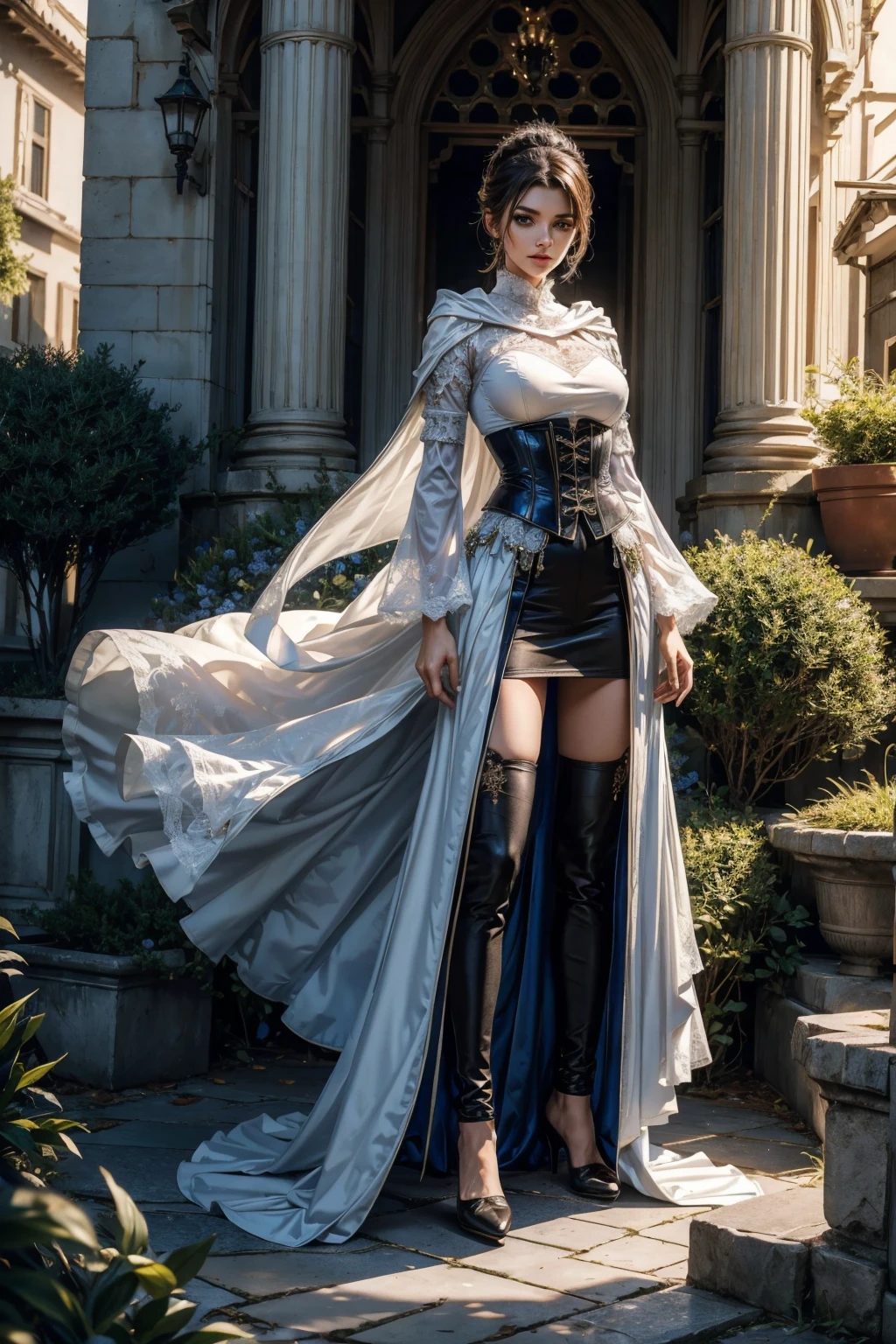 ((show full body from head to toe, standing, body facing to the viewer (show front body)). Tall body, fit body, slender body, medium breast. A female wizard wearing blue and white clothes, long sleeves(lace sleeves), skirts, corset, cloak, robes, cape, gloves, stockings, show heels. short hair with updo. Masterpiece:1.5, illustration:1.1, best quality:1.5, fine detail, 4k, HDR, balance focused camera view, middle camera view, vertical scape camera, natural lighting, bright lighting, sunlight, sharp focus, smooth detail, HDR. Outdoor at a town