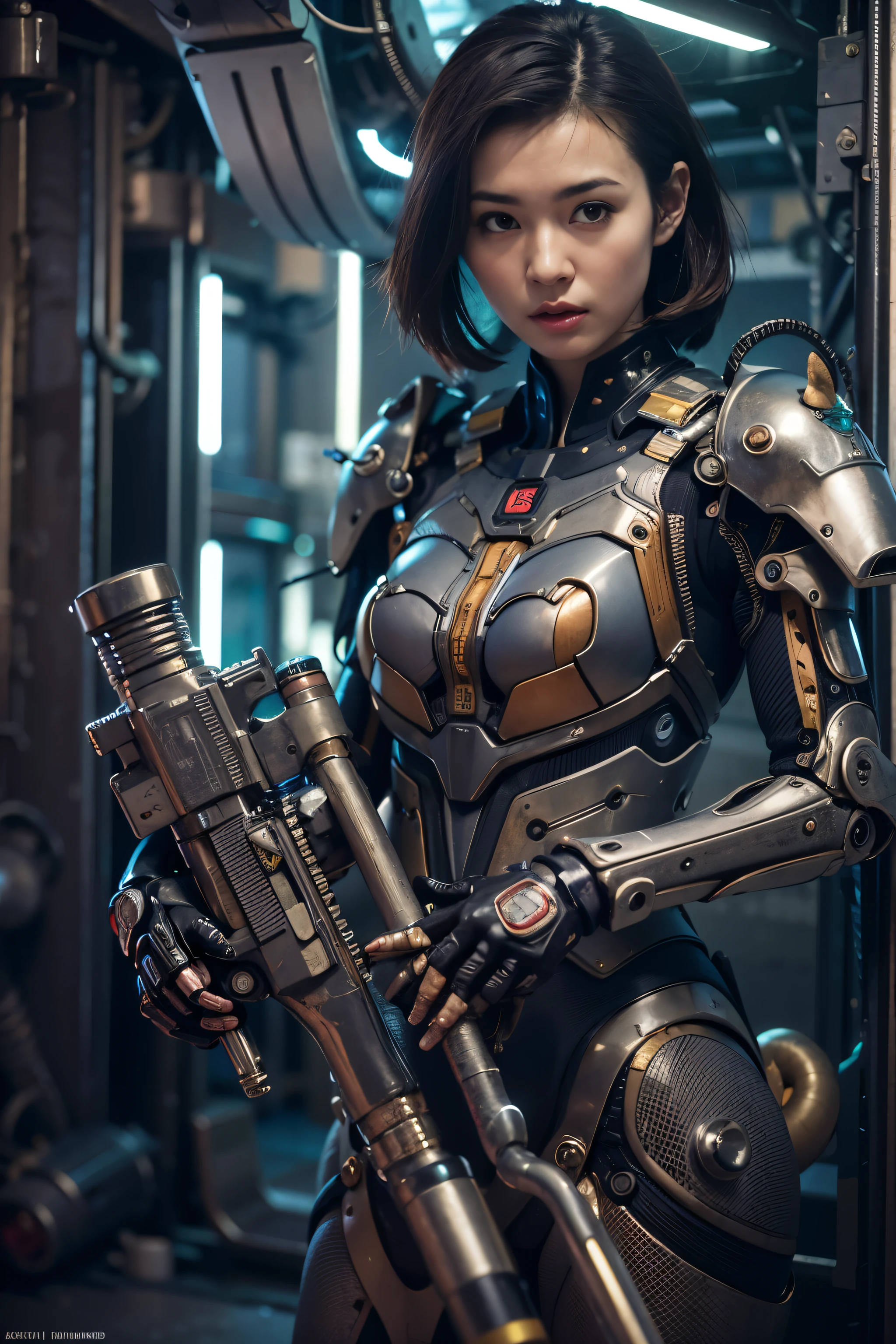 (Masterpiece, Best Quality: 1.2), (8K UHD, 16K, 32K, Ultra High Resolution), (Photorealistic: 1.37), (RAW Photo), Ultimate Reality, Ultimate Realistic Detail, Ultimate Realistic Texture , extremely intricate details (mechanical armor fused with a snail), power pipes, easy to understand, extremely intricate details, Japanese female soldier wearing mechanical armor, extremely cute face, extremely beautiful face, realistic, Full body shot, shot from the dawn of a secret base, cyberpunk