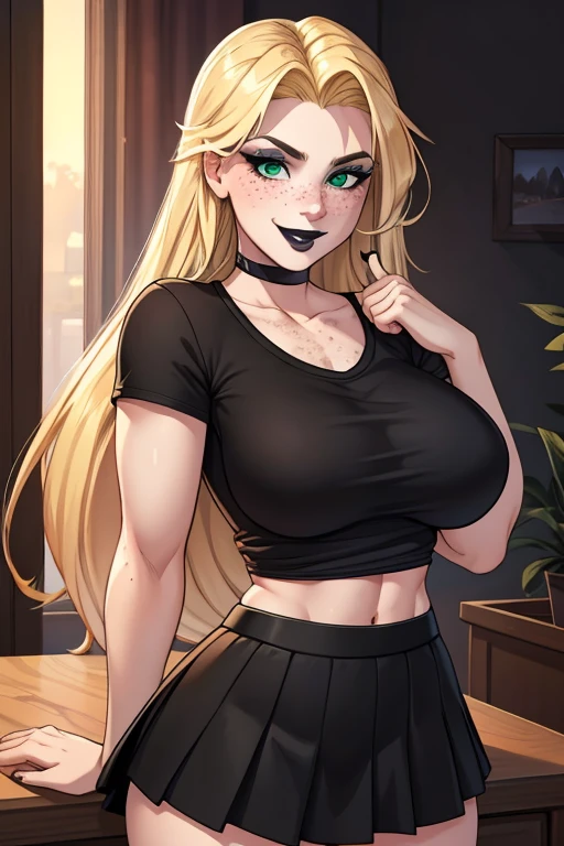 18 year old white woman wearing a t shirt and a skirt to a night party greeting you , long wild blonde hair , black lips , wearing black eye liner, green eyes , perfect shaped ass,  medium perky tits,  fit body with a 6 pack , freckles , seductive smile 