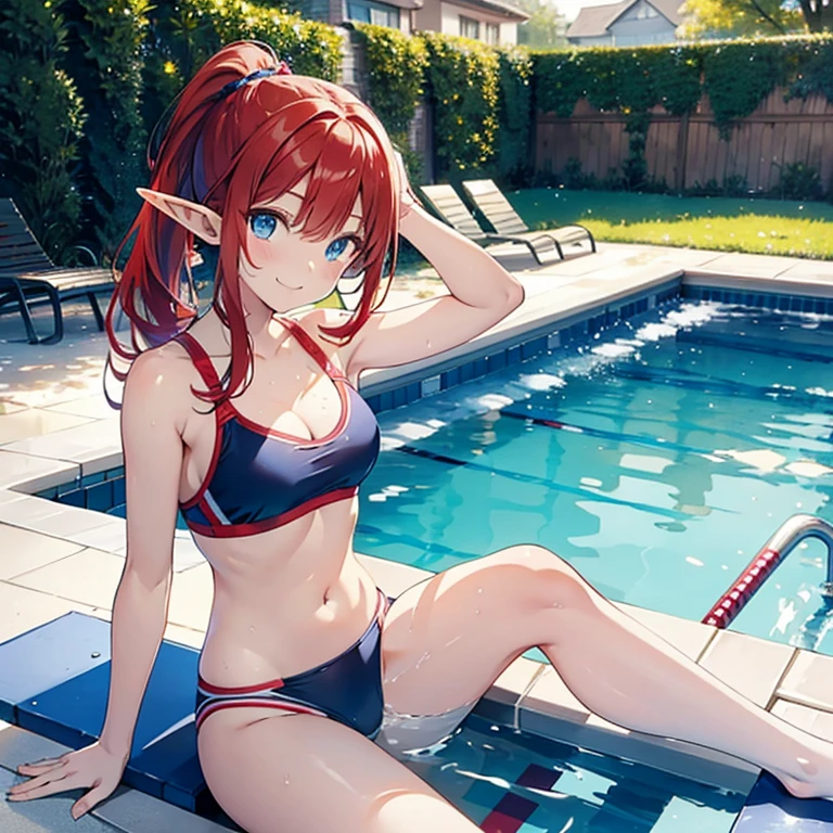 tenninka,1girl, green_eyes, long_pointy_ears, red_hair,pointy_ears, long_hair,long_sleeves,elf, puffy_sleeves, puffy_short_sleeves, short_sleeves, smile, white_jacket,grin, brown_hair,sleeveless,solo,sleeves_past_fingers,grin,apple,

((masterpiece,best quality)), breasts, swimsuit, solo, looking at viewer, barefoot, on stomach, pool, wet, lying, water, the pose, bikini, open mouth, bangs, feet, ass, feet up, white bikini,, outdoors, bare shoulders, bracelet, jewelry, cleavage, blush, long hair, partially submerged, :d, toes, thighs, tree,