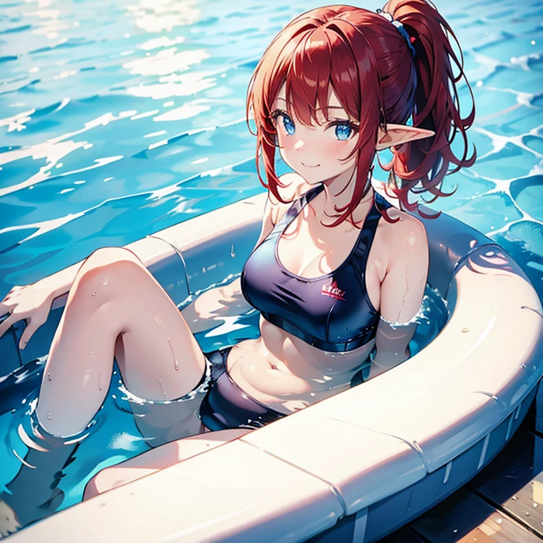Beautiful girls,12 years old,smile, red hair, blue eyes, ponytail, white sport bra, Sitting and playing in the water on the edge of the swimming pool, swimming costume,beautiful elf girl,