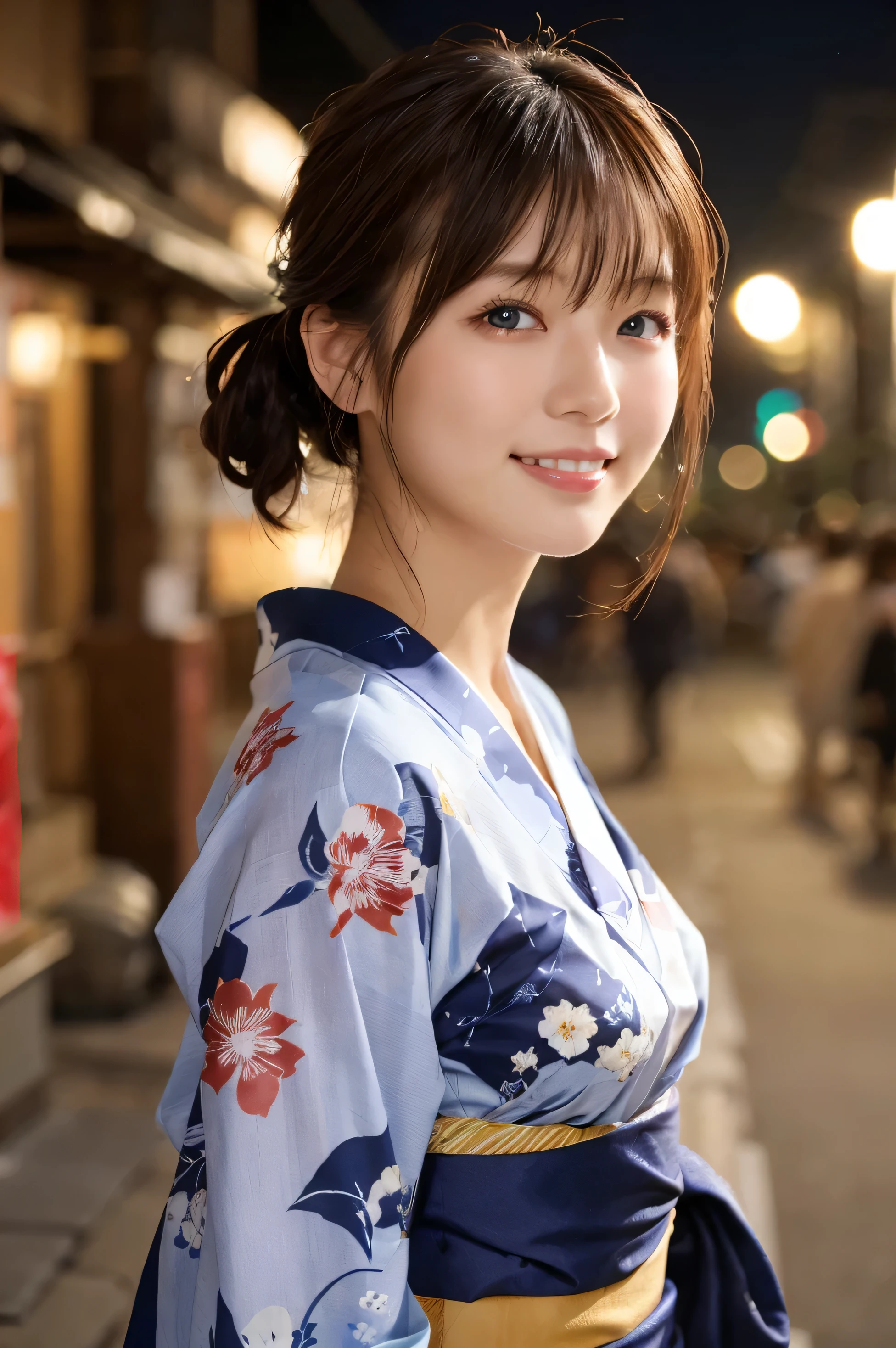 1 girl,Bust up shot、I came to the Kyoto fireworks festival.、{{hair ornaments、There are fireworks in the background、Waist up shot、Drooling eyes、Droopy eyes、Hair tied up、Bun Hair}:1.4}、Snapshots at the night fireworks festival、 {{Very clear and delicate blue eyes}}、(Japanese Kimono、A traditional Japanese yukata from the Showa period, typically in navy blue with floral patterns :1.2), (RAW Photos, highest qualそれy), (Realistic, Realistic:1.4), Tabletop, Very delicate and beautiful, Very detailed, 2k wallpaper, wonderful, finely, Very detailed CG Unlimited 8K wallpaper, Very detailed, High resolution, Soft Light, Beautiful detailed girl, Very detailed目と顔, Beautiful and sophisticated nose, Finely beautiful eyes, Cinema Lighting, Perfect ???????, Slender body, Was nervous,
short hair, bangs, Looking at the audience, smile